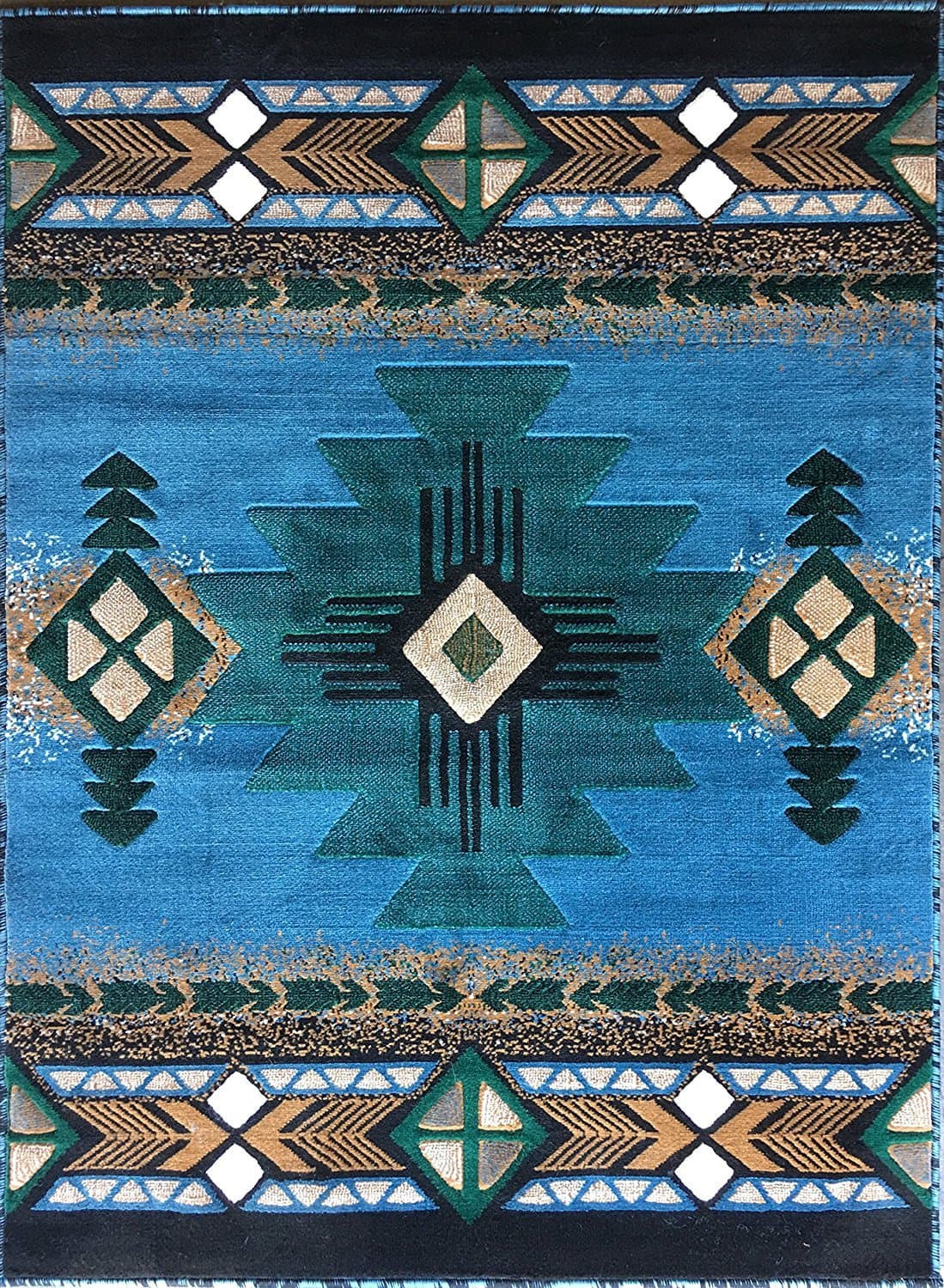 Southwestern Native American Carpet Area Rug Geometric Light Blue Green Design #CR71 (3 Feet X 4 Feet 8 Inch)