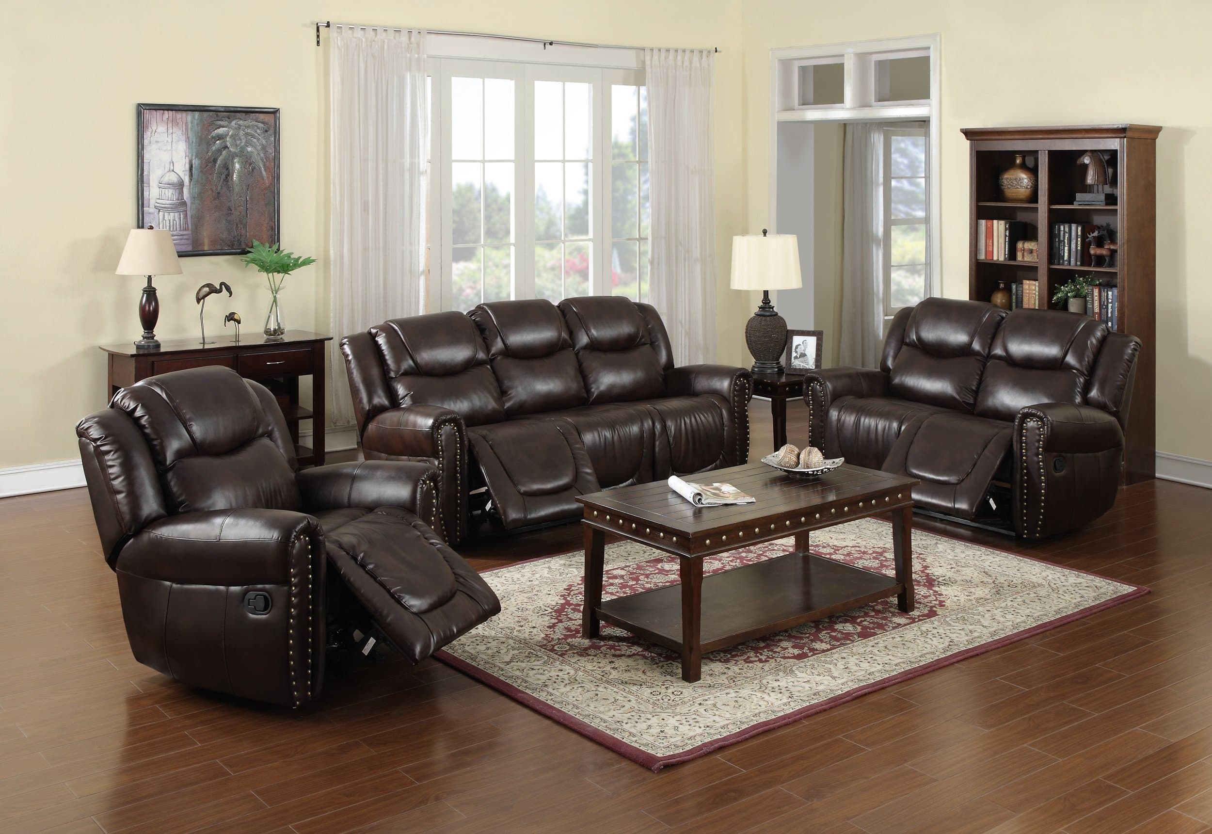 Stanford Bonded Leather Reclining 3-Piece Sofa Set with 5 Recliners and Reclining Chair, Brown.