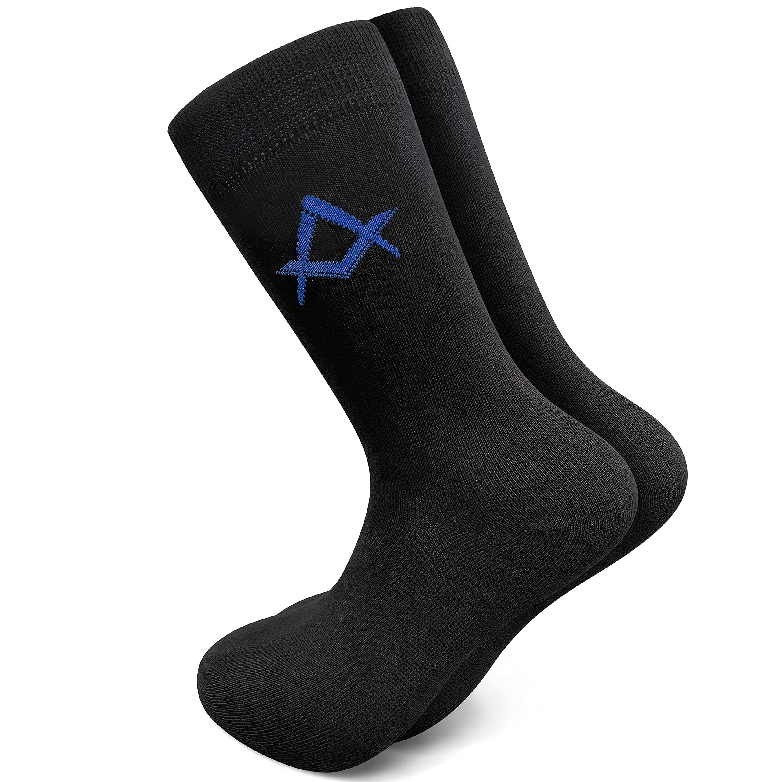 Mens Black Cotton Socks - Blue Square & Compass - Available in 6-9 and 9-11 Sizes - Made with Cotton, Polyester & Elastane - Freemason Gifts For Men