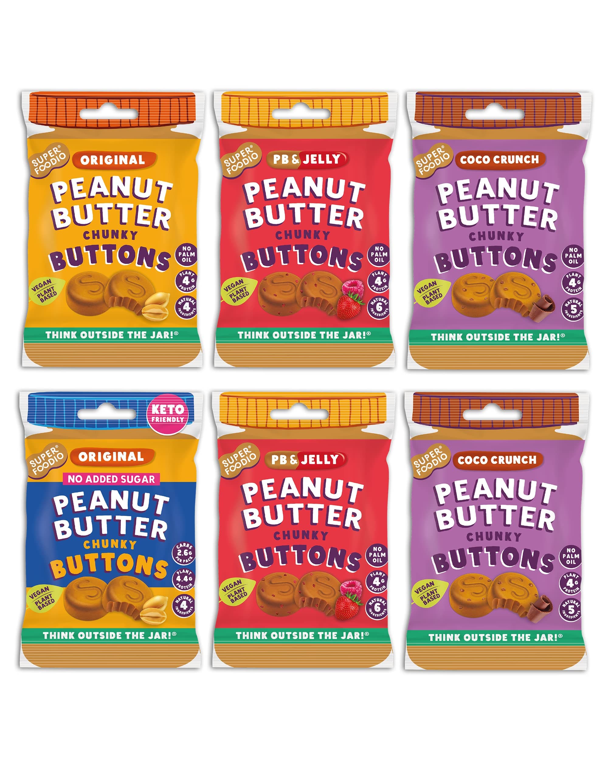 SUPERFOODIO Peanut Butter Buttons Variety Pack | Original, Coco Crunch, PB&J, Original+ | Vegan | Low Carb | All-Natural Ingredients | Protein | No Refined Sugar (20g x 6 Packs)