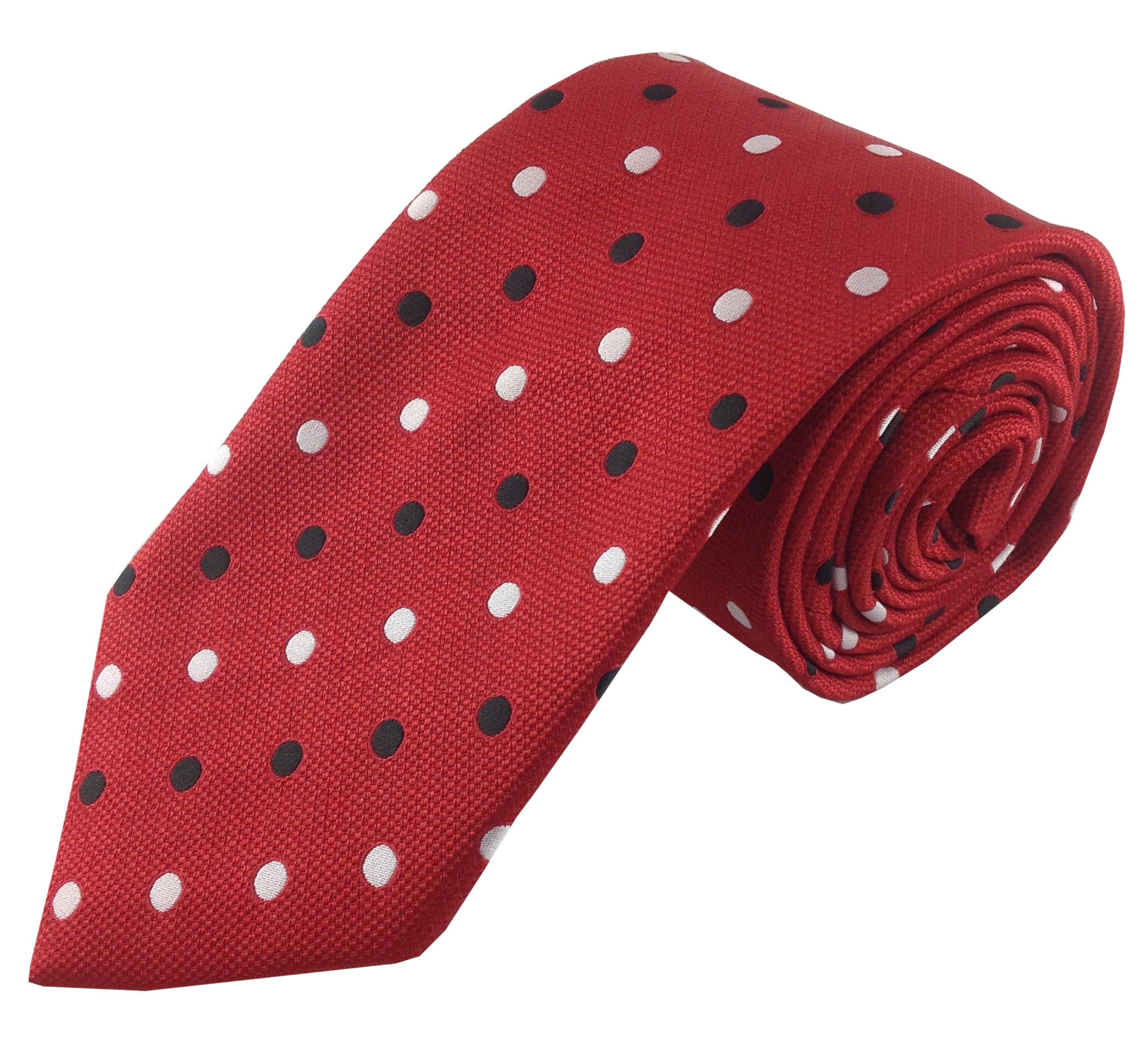 Mens Necktie Red with White and Black Luxury Polka Dot Tie