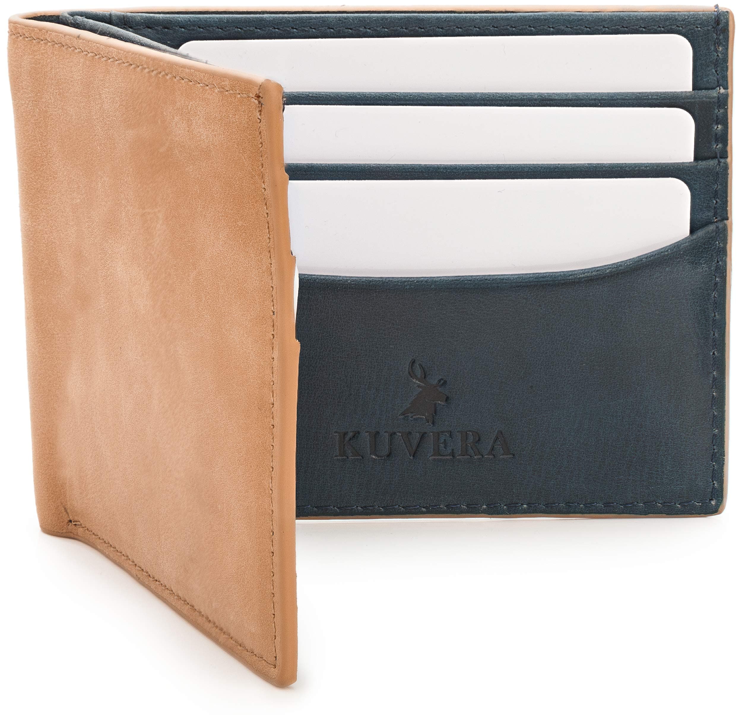 Mens Slim Minimalist Leather Wallet with RFID/NFC Contactless Card Clash Protection Blocking Security. Tan & Blue, Soft Top-Grain Leather, Gift Boxed. by Kuvera