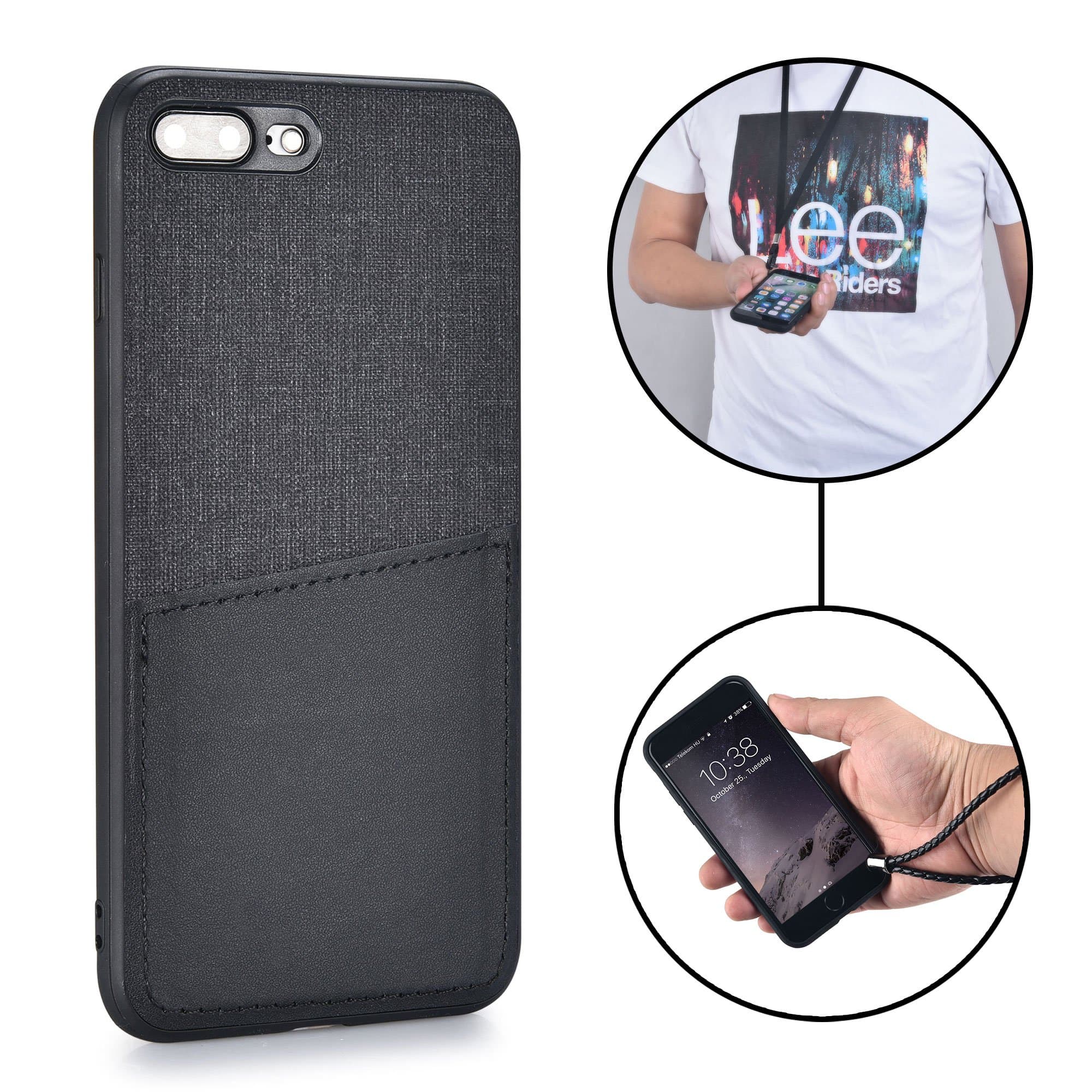 MANGATA KORE Wallet Case for iPhone 8 Plus iPhone 7 Plus | Wristlet Case & Neck Strap Rugged Lanyard | Leather Card Pocket + Wrist Strap (Black)