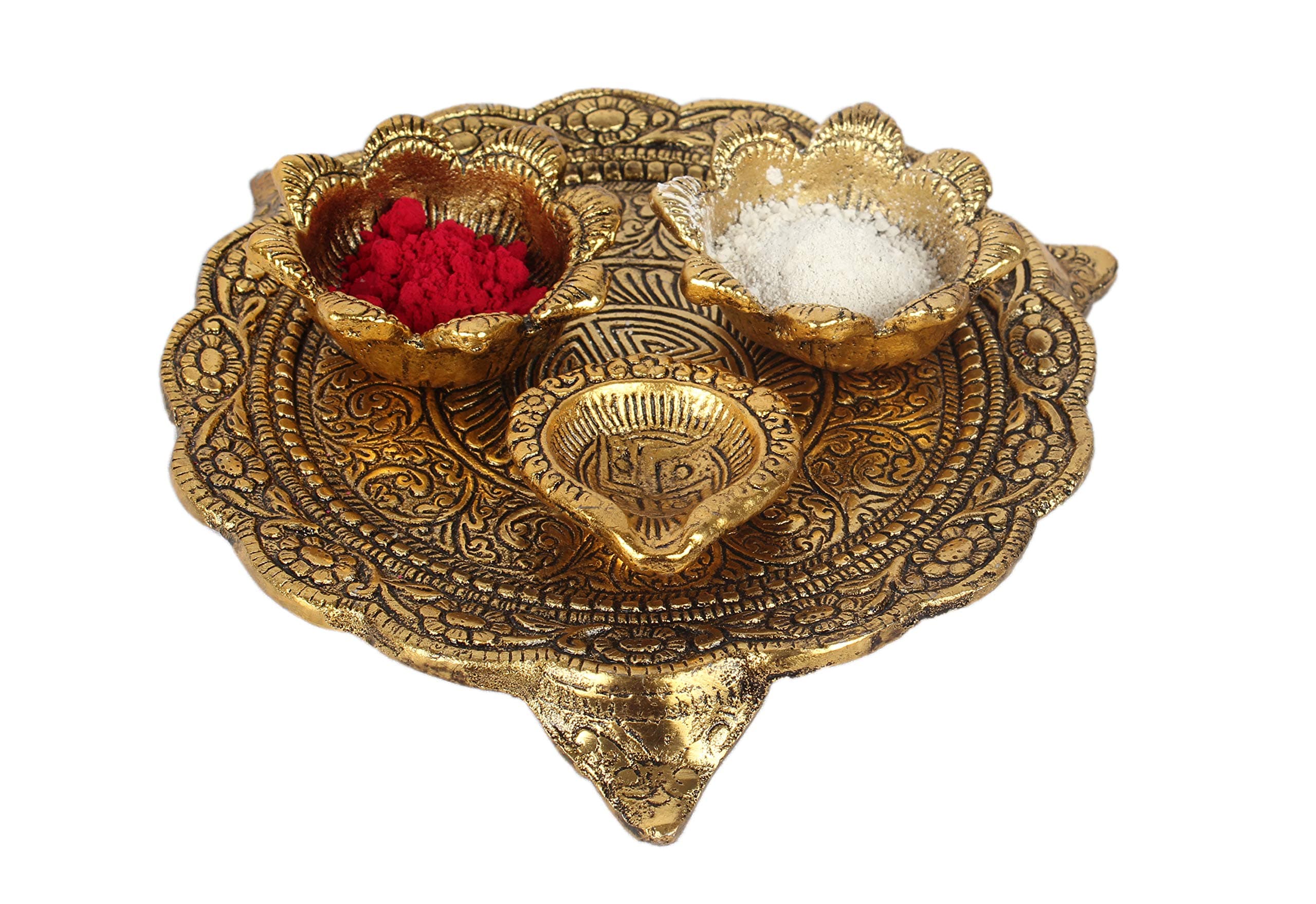 DreamKraft White Metal Gold Plated Pooja Thali set (19.5 x19.5 x2 cm, Gold)