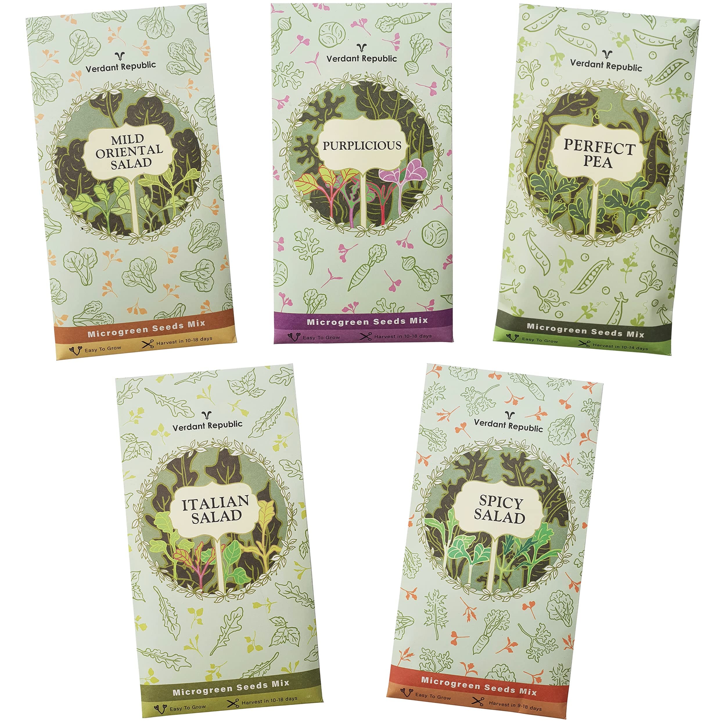 Microgreens Salad Seeds Mix | Green Collection- 5 Seeds Mix Packs | High Germination & Easy to Sprout | Over 16 Vegetable & Herbs incl Pea, Broccoli, Red Cabbage