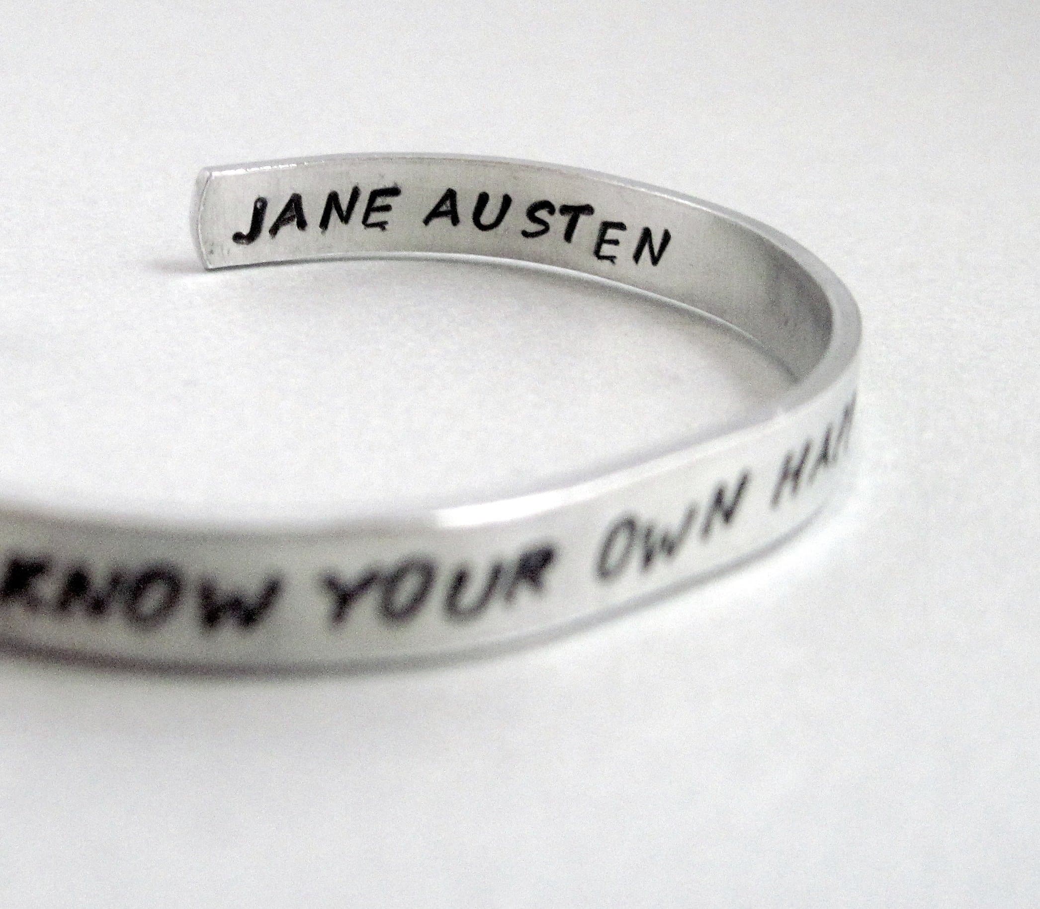 Personalized Jane Austen Bracelet - Know Your Own Happiness - 2-Sided Hand Stamped Aluminum Cuff - customizable