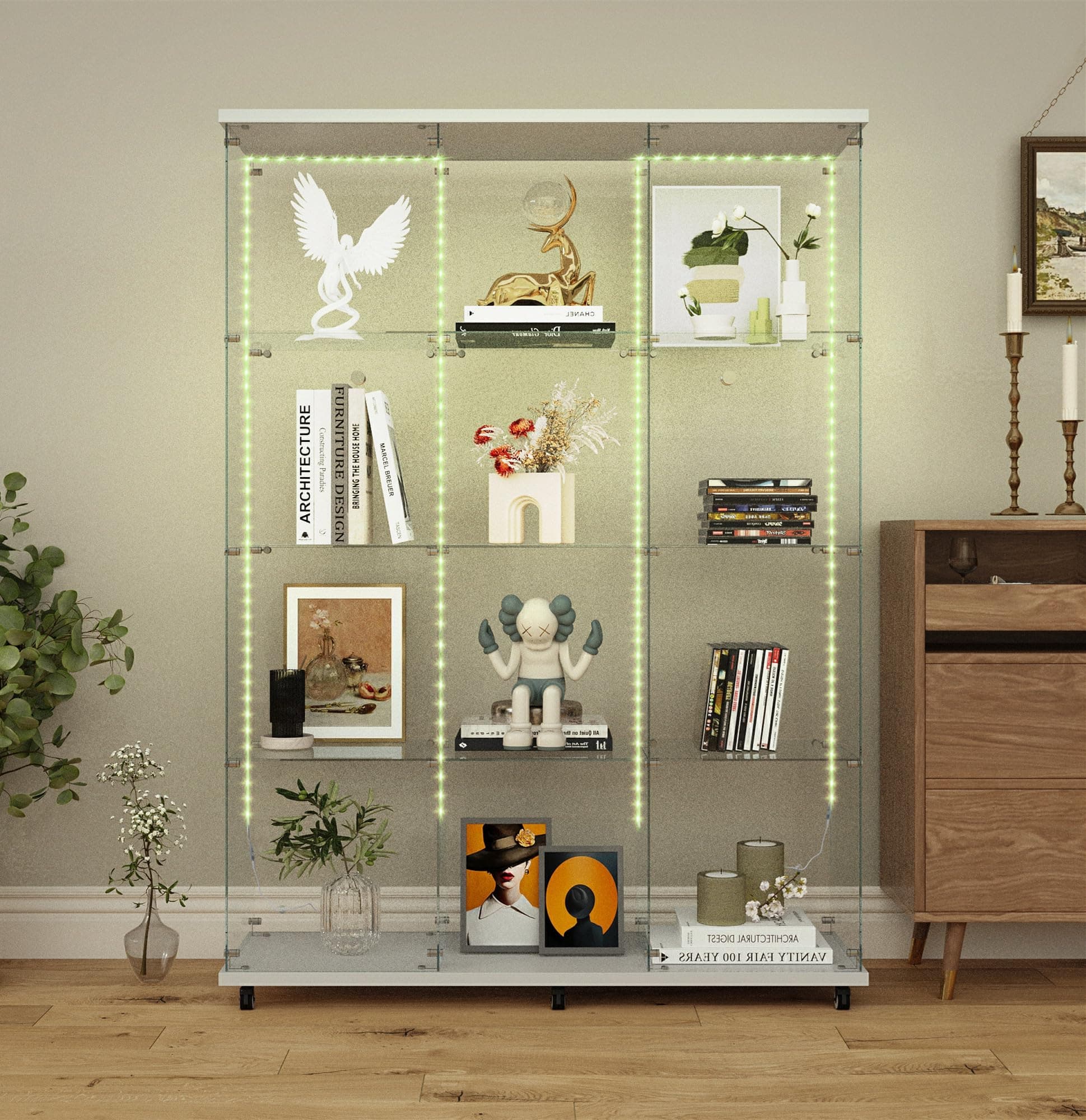 Modern Glass Display Cabinet 12-Shelf with LED Light,Lock and Wheels, 2 Door Curio Cabinets,Tempered Glass Collection Display Showcase for Living Room Home Office,46.8x13.5x65 H,White