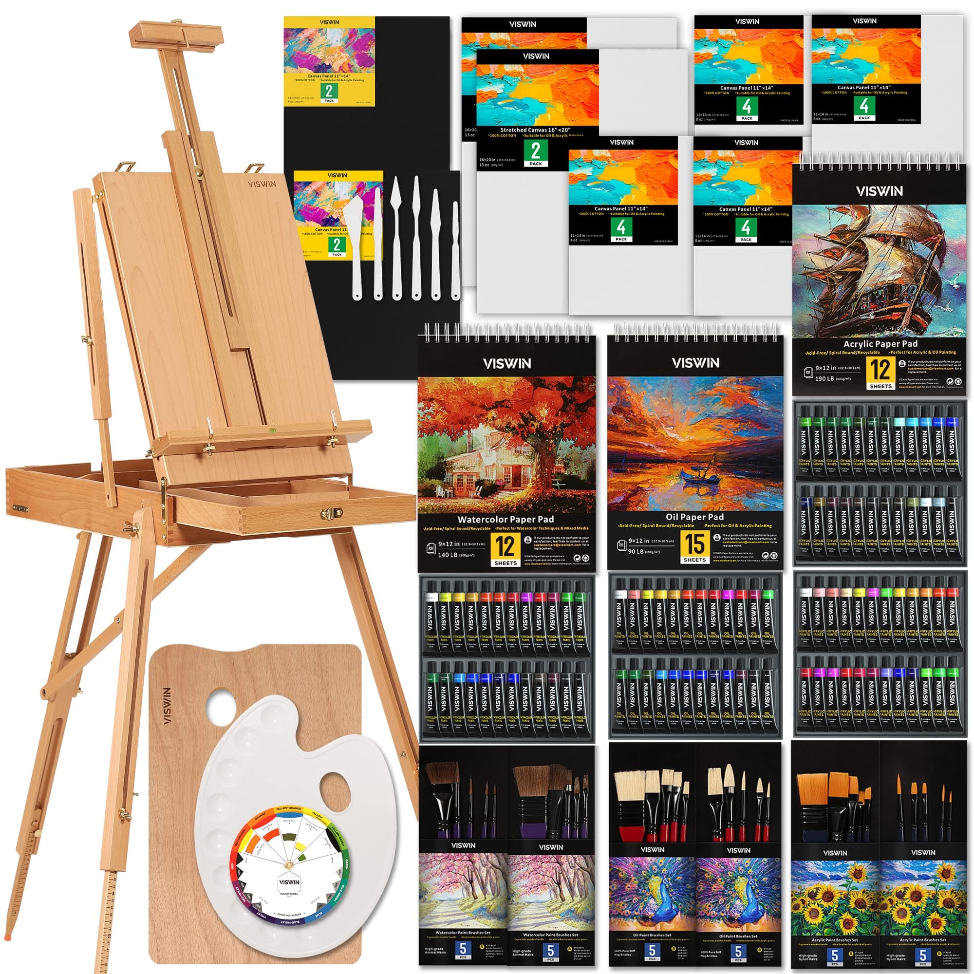 VISWIN Professional All-in-One Art Painting Kit with Aluminum & Beech Wood French Easel, 96 Acrylic, Watercolor & Oil Paint Set, Canvases, Painting Set with Supplies for Adults, Artists, Beginners