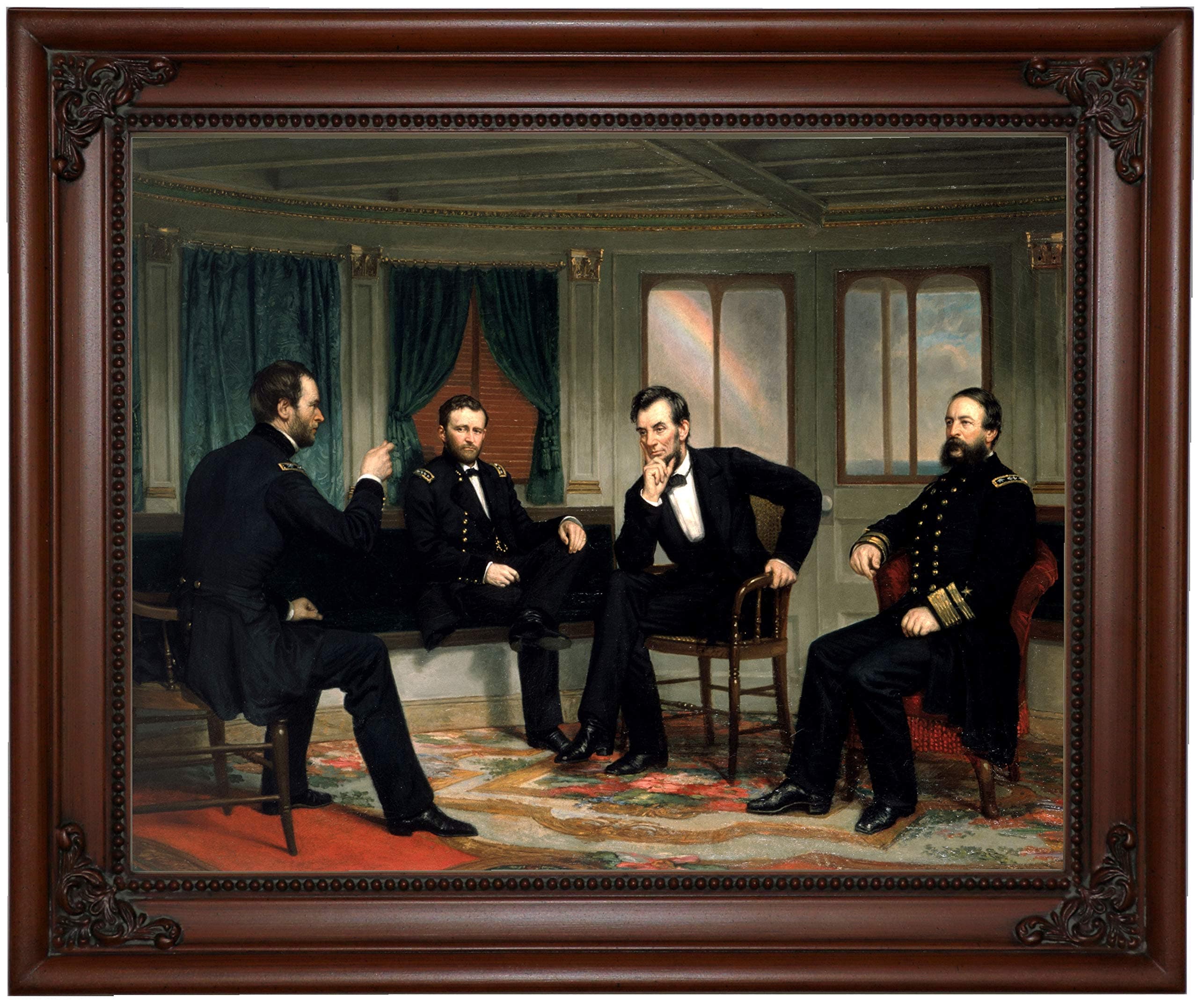 Historic Art Gallery The Peacemakers 1868 Sherman, Grant, Lincoln, and Porter Aboard The River Queen March 1865 by George P.A. Healy Framed Canvas Print, Size 11x14, Brown
