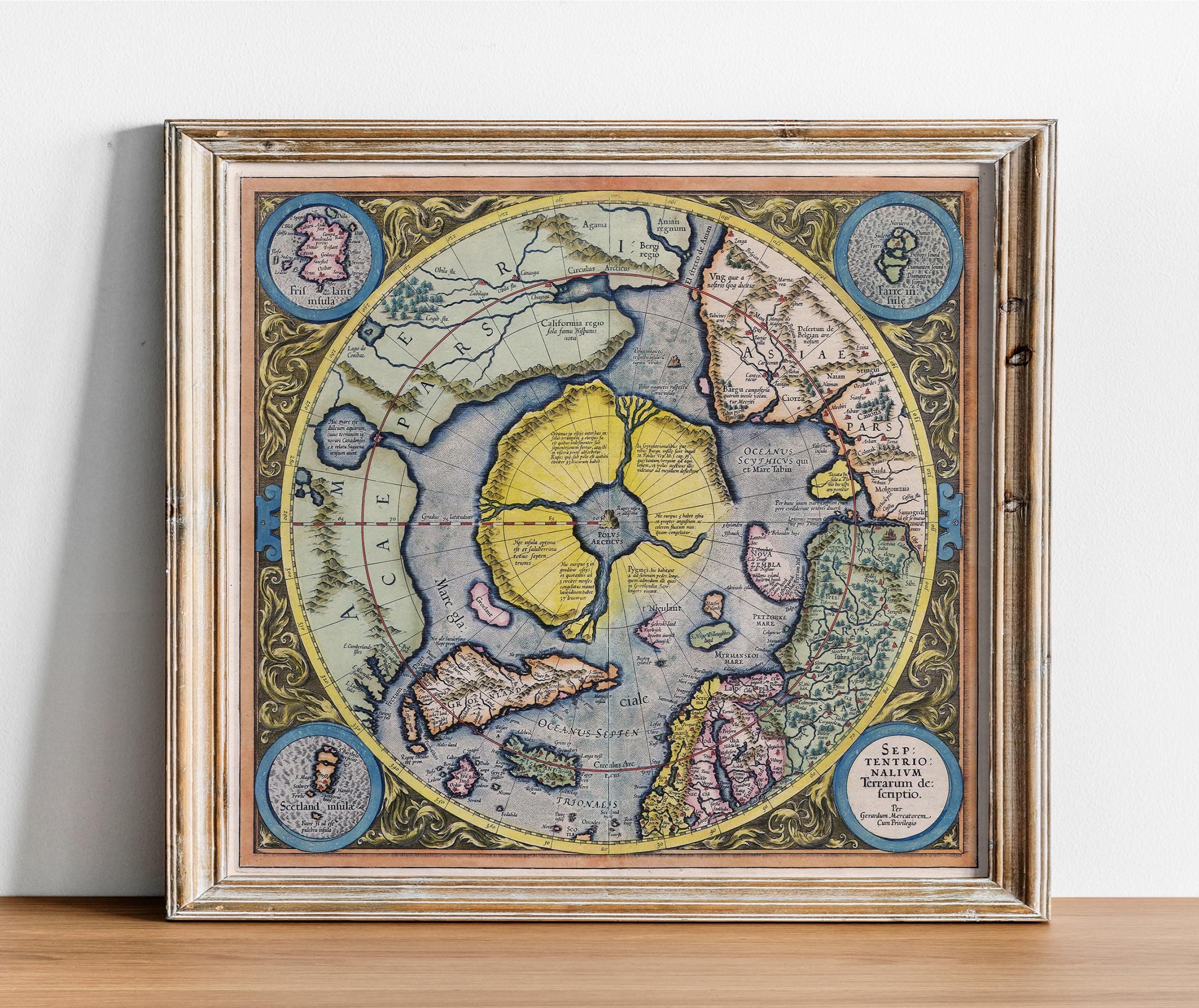 Mercators 1595 Iconic Flat Earth Map of the North Pole Regions Septentrionalium Terrarum - Wall Art Poster Present Gift - Ancient Old Vintage Antique Look - Classroom Decor Unframed (23"x24.5")