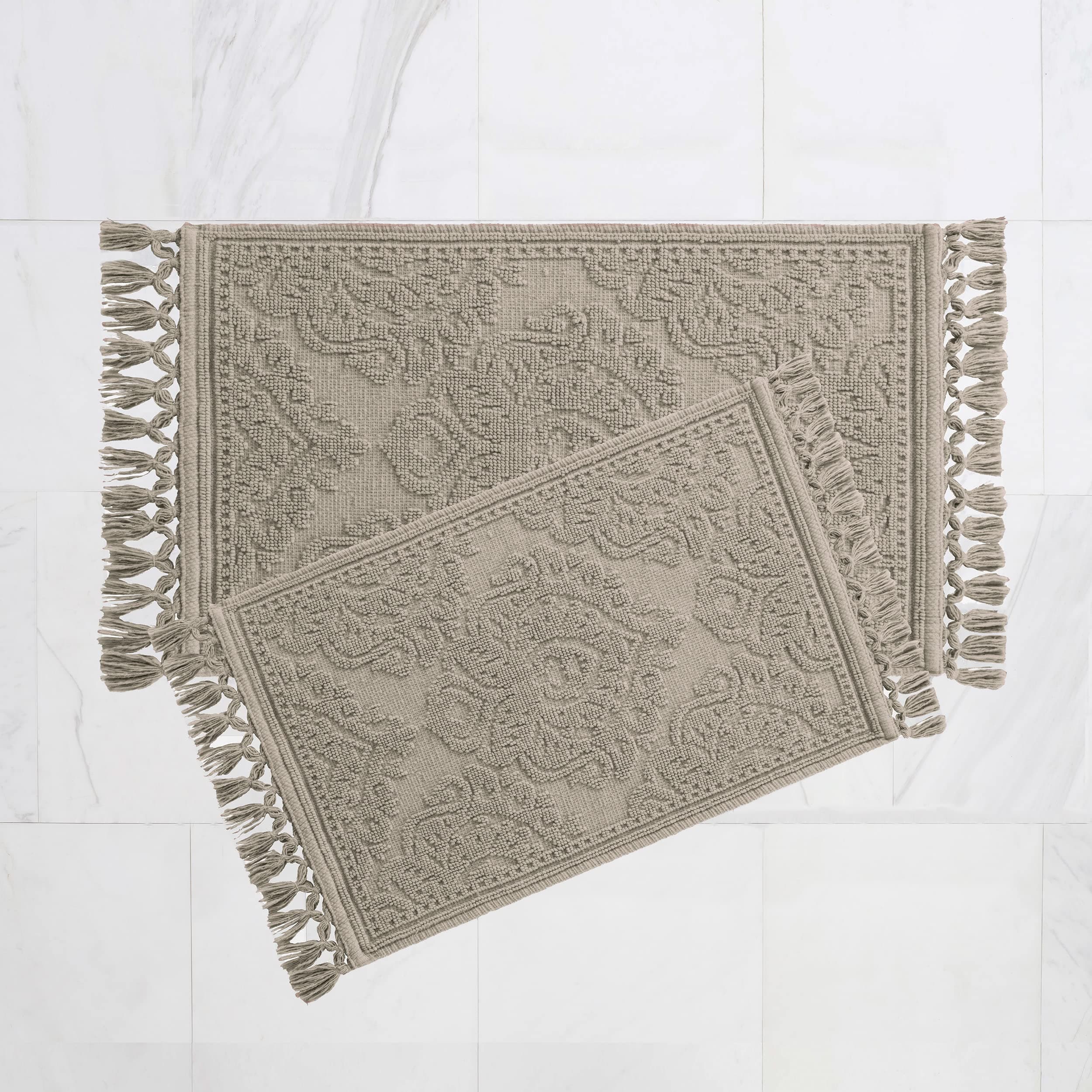 Jean Pierre - Ricardo Bath Mats, Set of 2 Woven Fringe Bathroom Rugs, 100% Cotton, Premium Bathroom Decor - Measures 17" x 31" and 21" x 41" - Linen