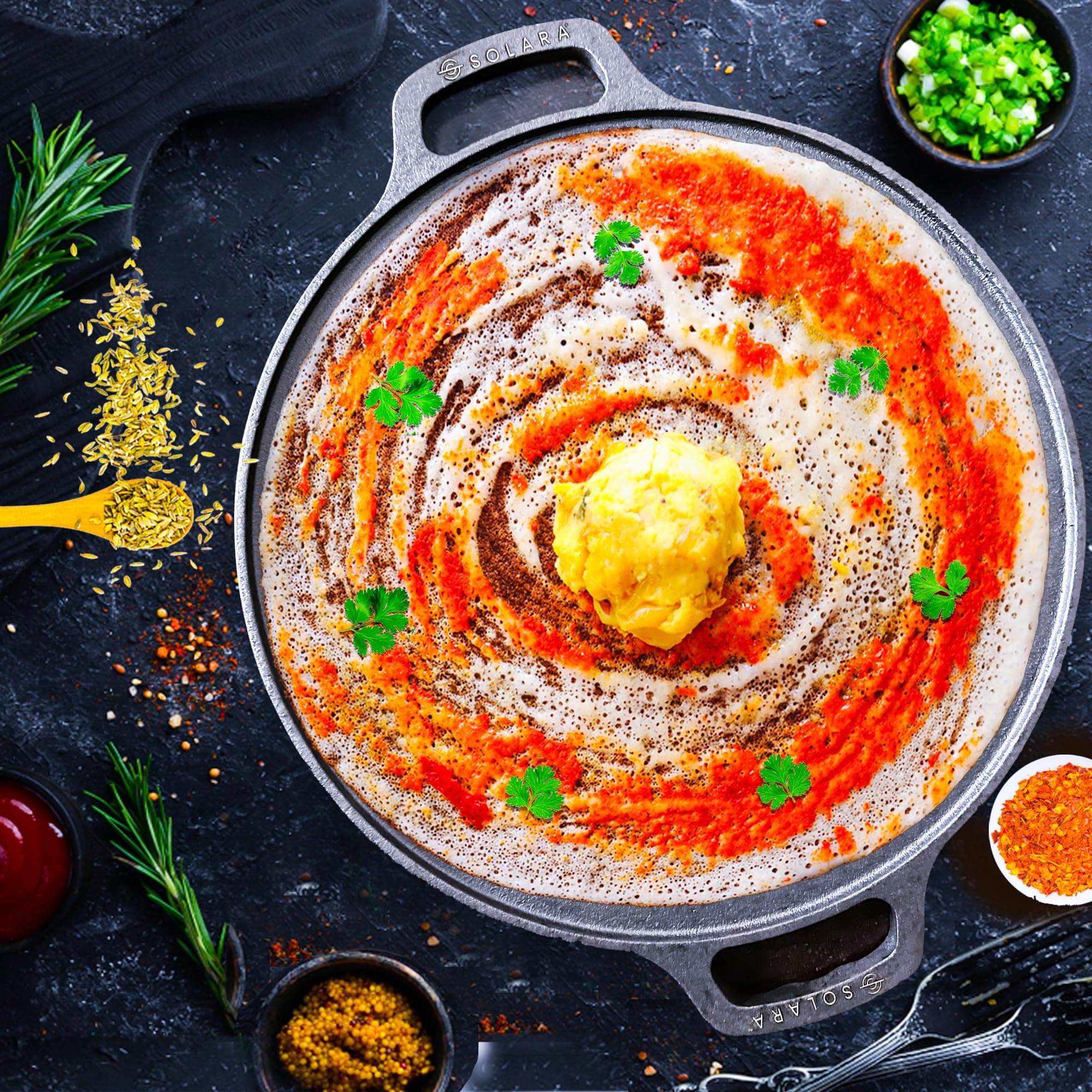 SOLARA Cast Iron Tawa for Dosa 12" Inch(30 Cm), Tawa for Dosa, Uthappam, Roti, Chapati, Naan, Gas&Induction Friendly, Dosa Tawa Cast Iron, Cast Iron Cookware,Black