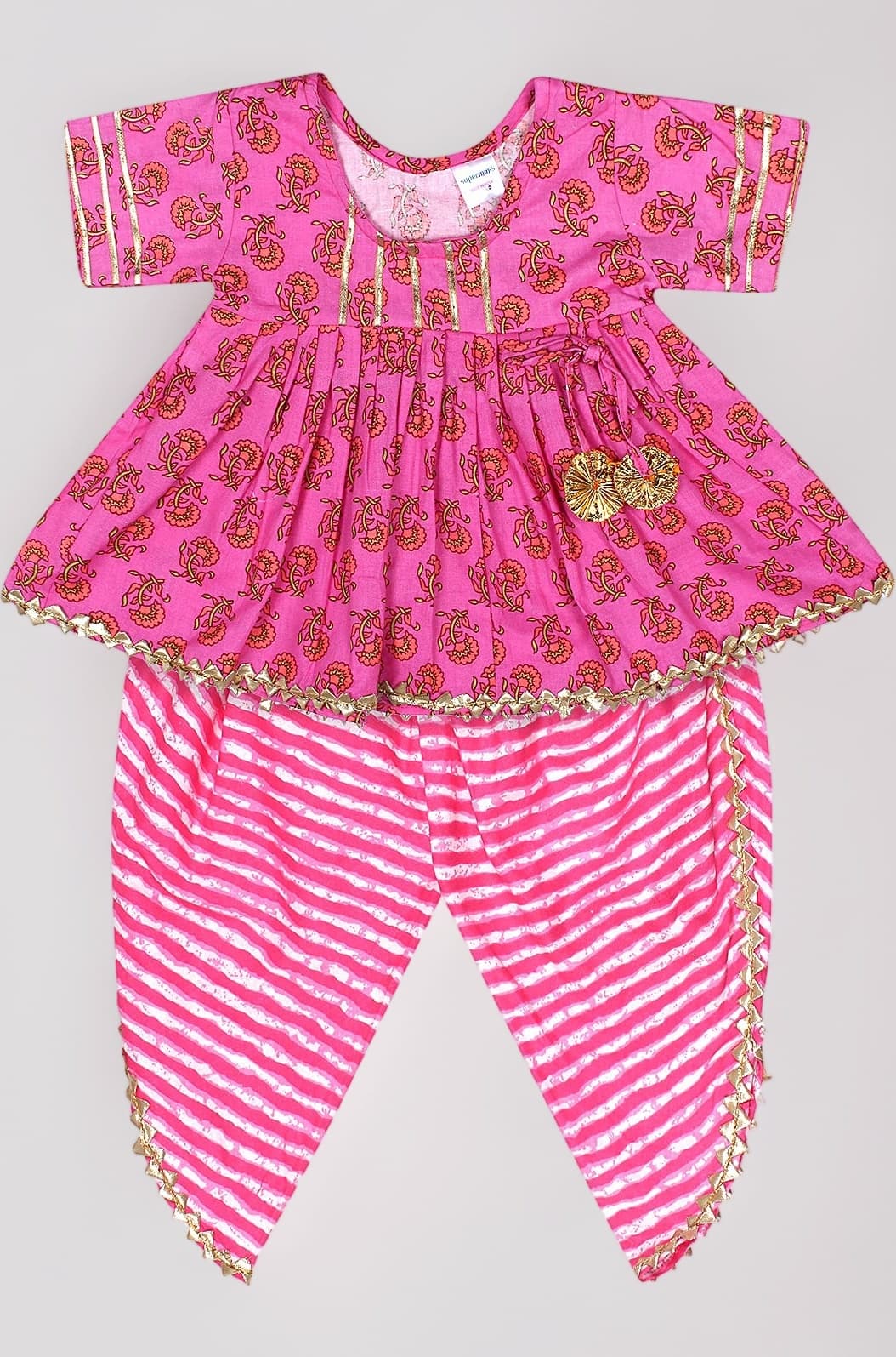 Cotton Blend Baby Girl's Jaipuri Print Frock Style Kurti With Frill Sleeves And Dhoti Style Salwar With Elastic Closure Ethnic Dress Clothing Set