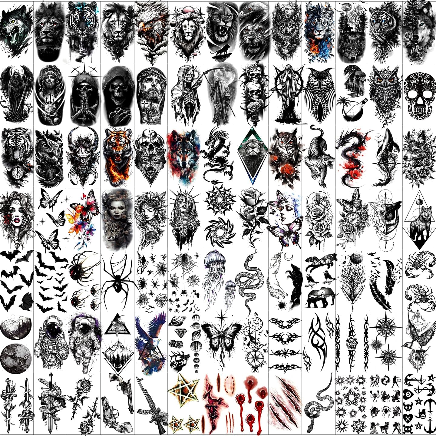 72 Sheets Halloween Tiny Temporary Tattoos Stickers, Fake Tattoos That Look Real And Last Long, Halloween Tattoos Include Black Scary Wolf Lion Tiger Skeleton Skull Tattoos