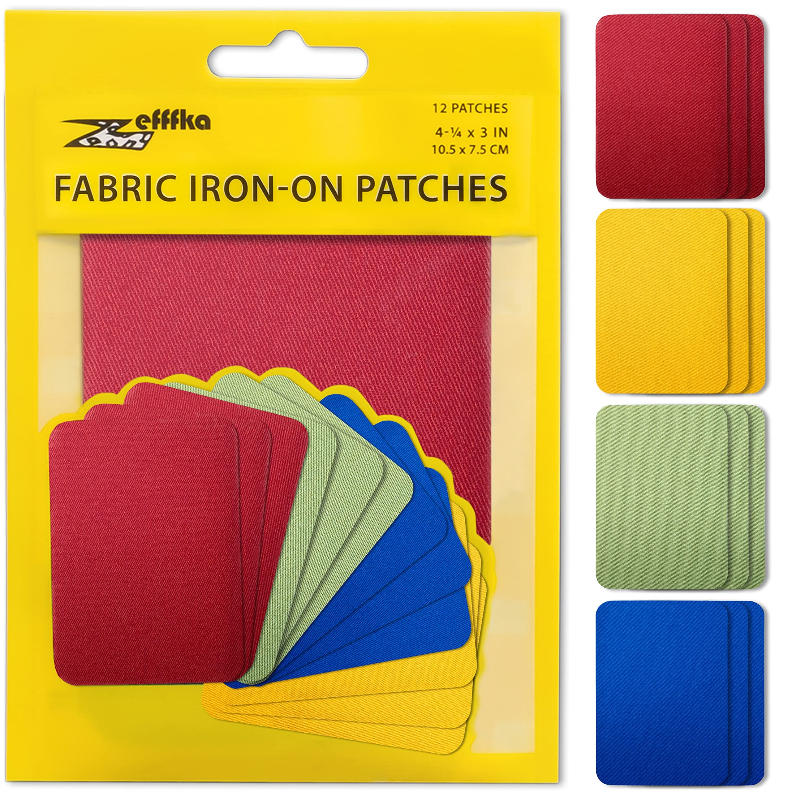 ZEFFFKA Premium Quality Fabric Iron-on Patches Inside & Outside Strongest Glue 100% Cotton Red Green Blue Brown Repair Decorating Kit 12 Pieces Size 3" by 4-1/4" (7.5 cm x 10.5 cm)