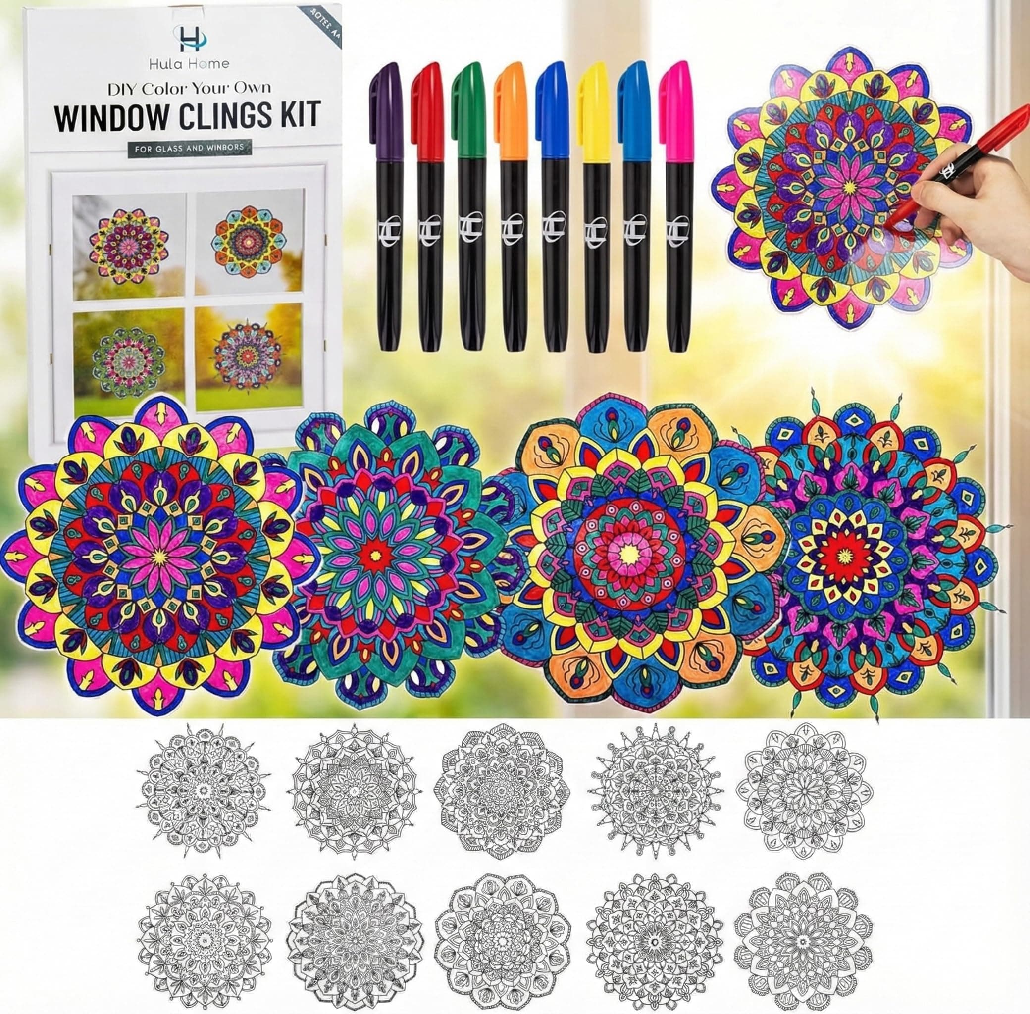 Color Your Own Mandala Window Brackets & Markers, 10 Solar Catchers for Windows, Arts & Crafts, DIY Kits for Adults, Hobby Gifts for Beginners, Kids, Teens Seniors, Women, Elderly
