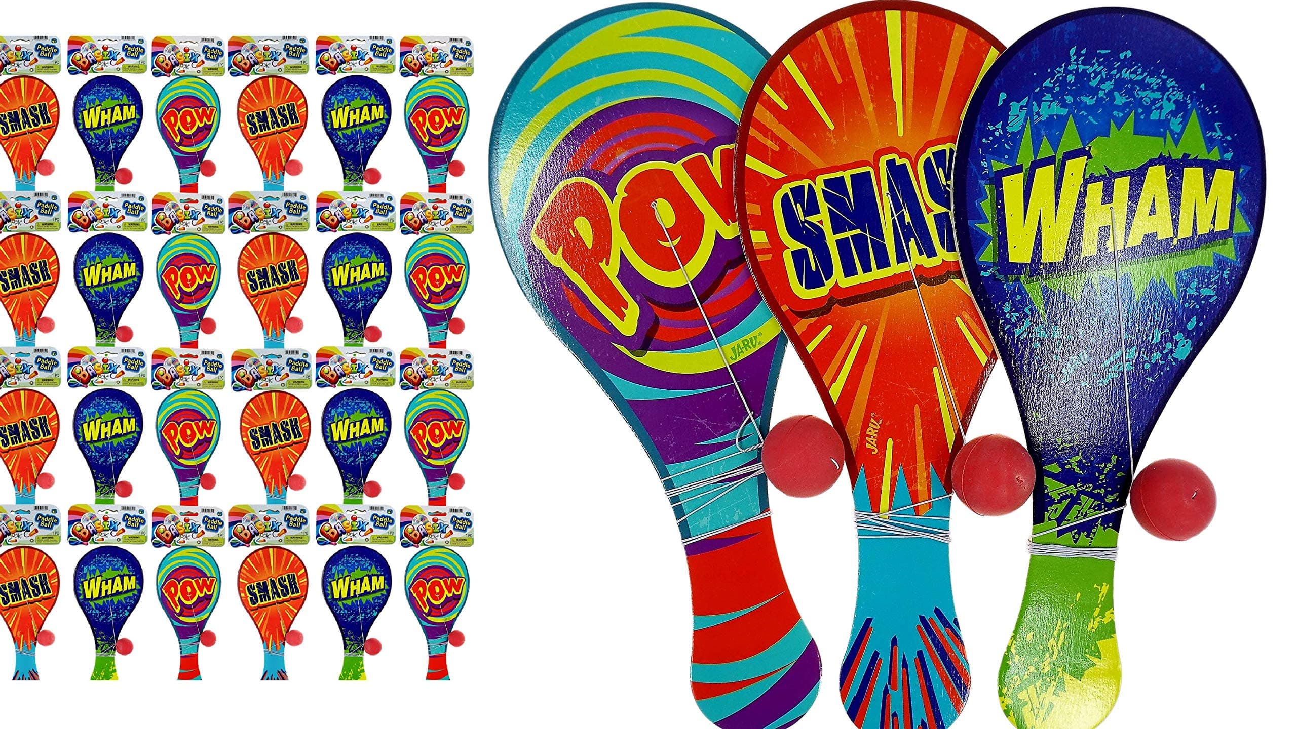 JA-RUWooden Paddle Ball with String (24 Paddle Balls) Classic Paddle with Ball Attached for Kids | Retro Toys from The 80s | Bulk Party Favors & Classroom Prizes. 751-24p