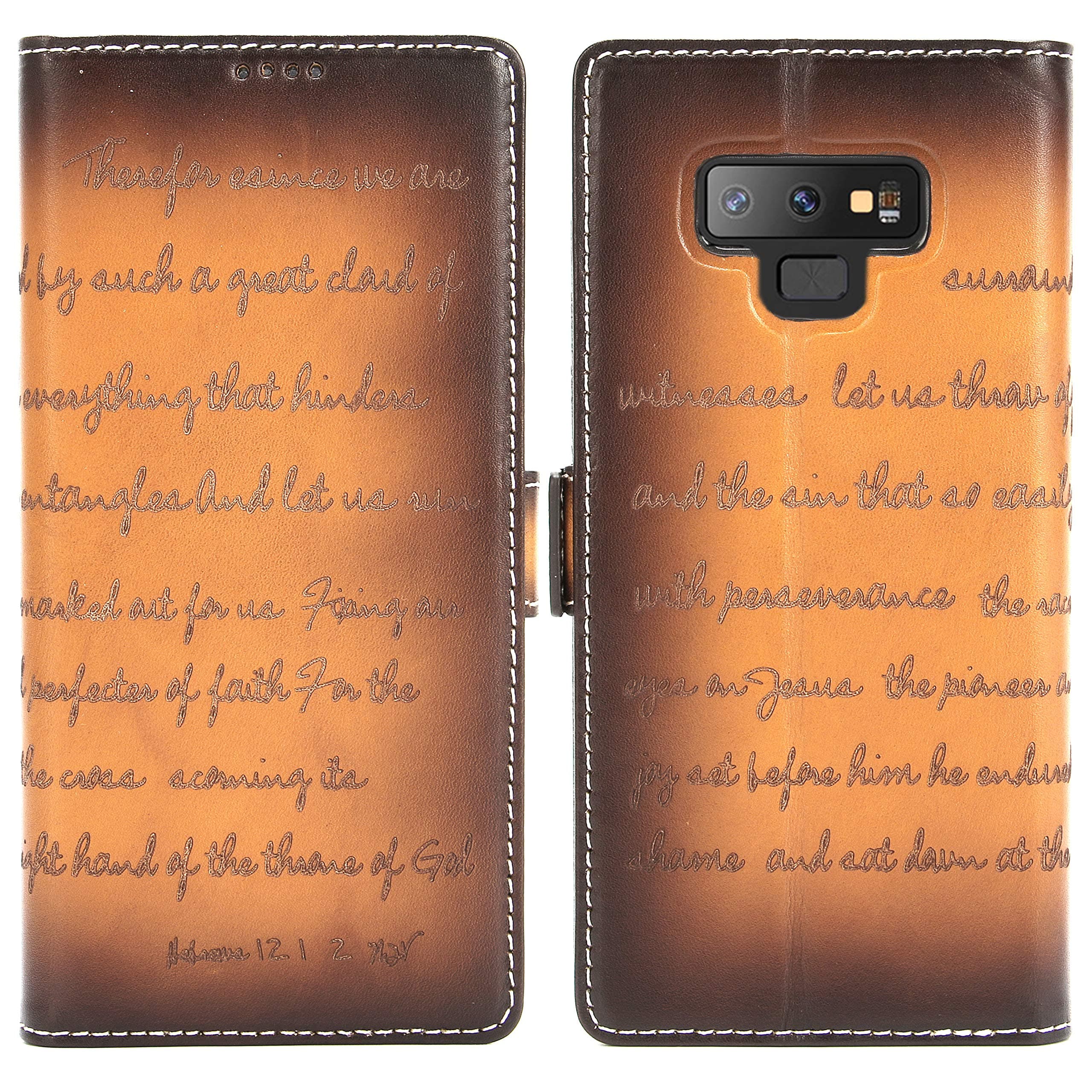 Galaxy Note 9 Leather Case Bible Verse Series Vegetable Tanned Full Grain Leather Flip Wallet Case for Samsung Galaxy Note 9 with Magnetic Closure - Retro Cognac