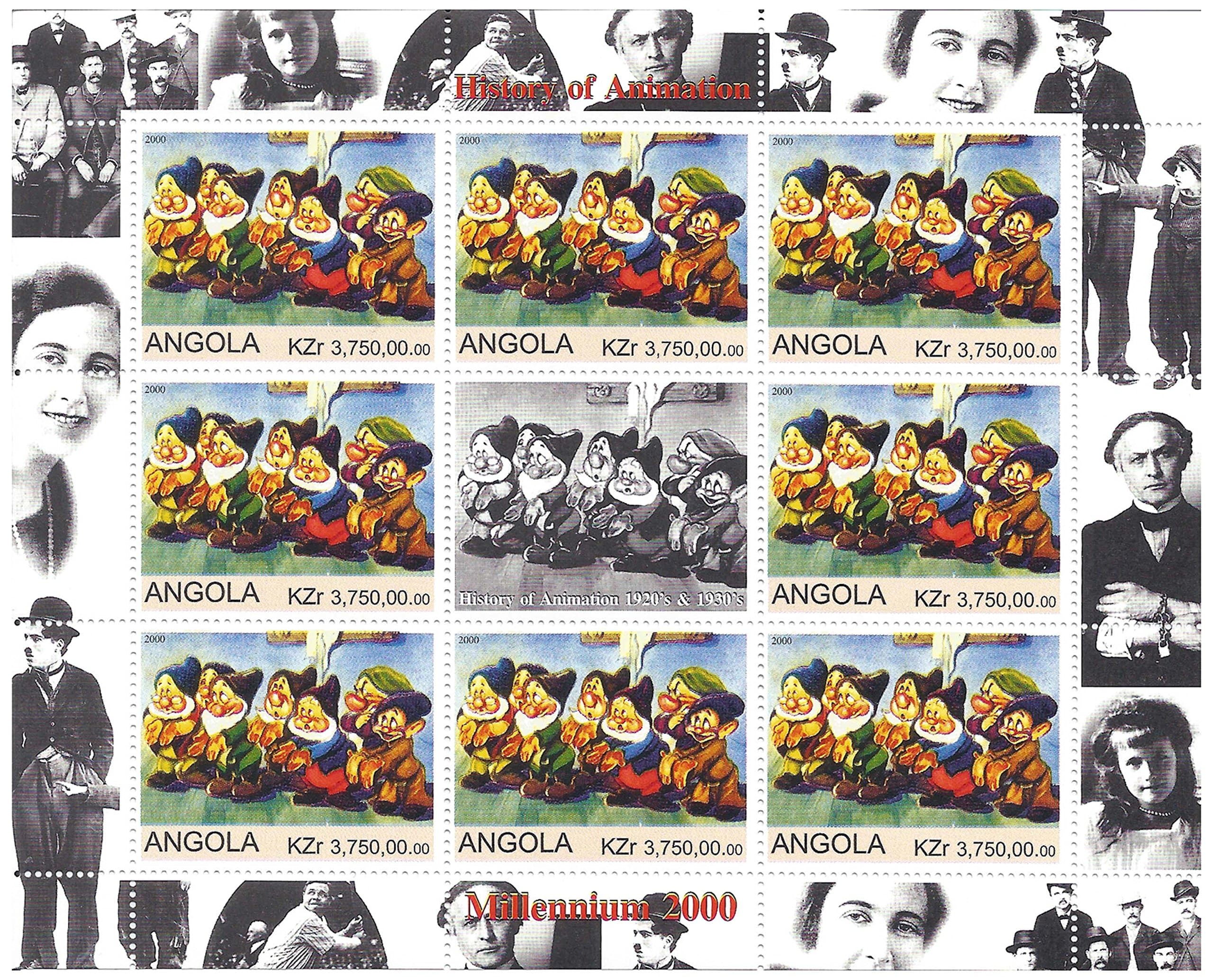 History of Animation 1920s and 1930s Disney Stamps for Collectors - Snow White and The Seven Dwarfs - 9 Stamps / 2000 / Angola