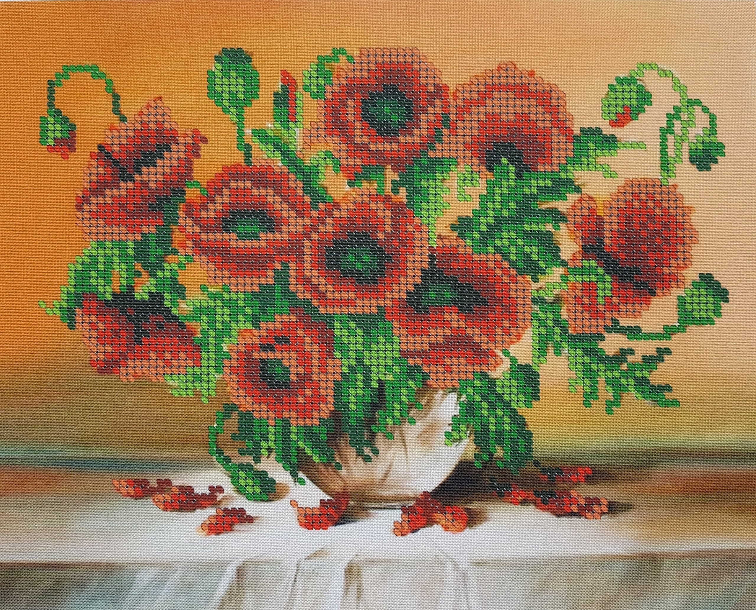 AllAboutEmbroideryUA Bead Embroidery kit Red Poppies Beaded Cross Stitch Flowers Needlepoint Handcraft Tapestry kit