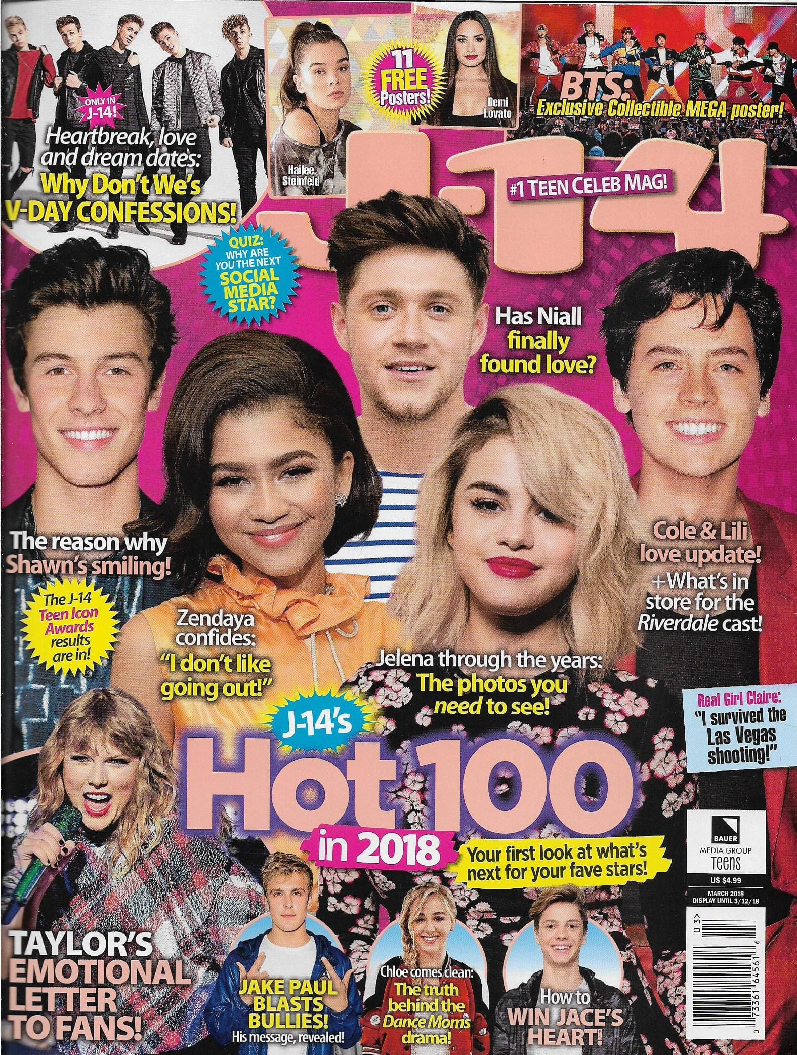 J-14 Magazine - March 2018 - Shawn Mendes - Zendaya - Niall Horan - Selena Gomez - Cole Sprouse - 6 Mega Posters Inside Misc.