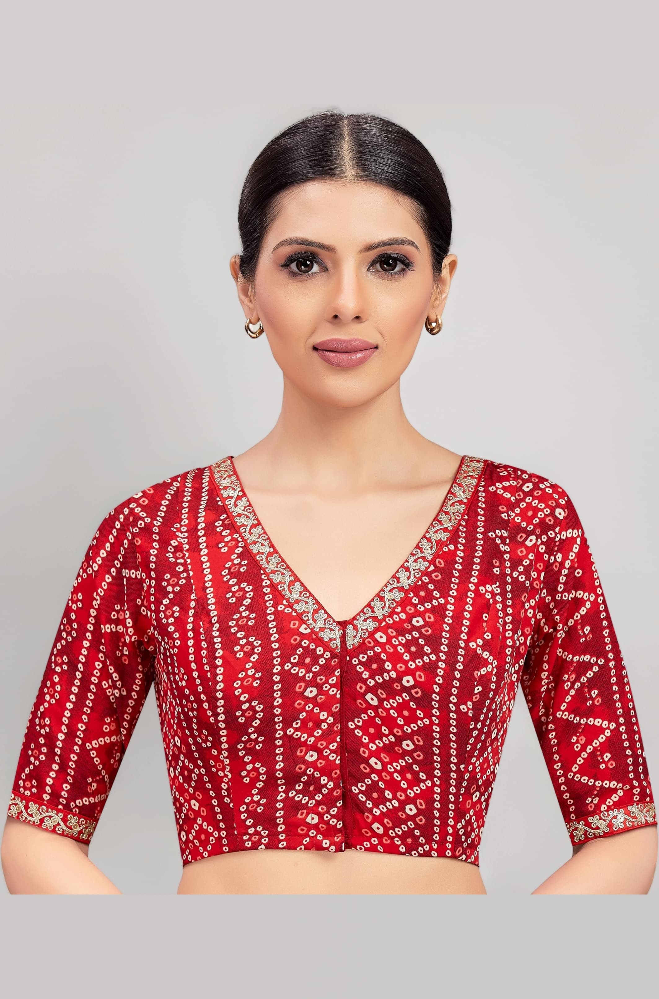 Studio Shringaar Women's Cotton Bandhni Printed & Embroidered Saree Blouse With Elbow Length Sleeves