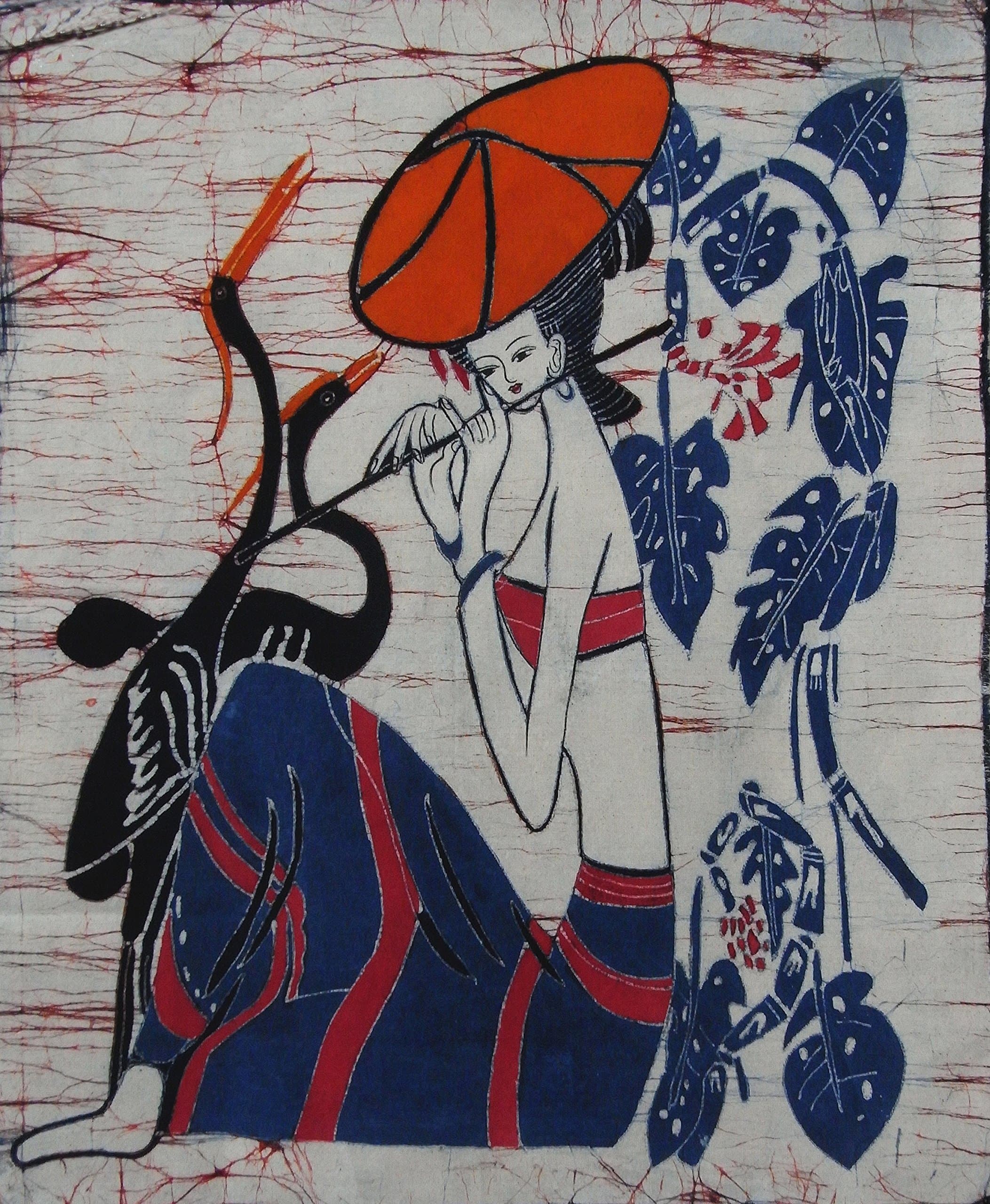 Poem for Flute Solo - Pastoral Life Series Handmade Colorful Batik Tapestry Decorative Painting Wall Decor 34 x 28 inches