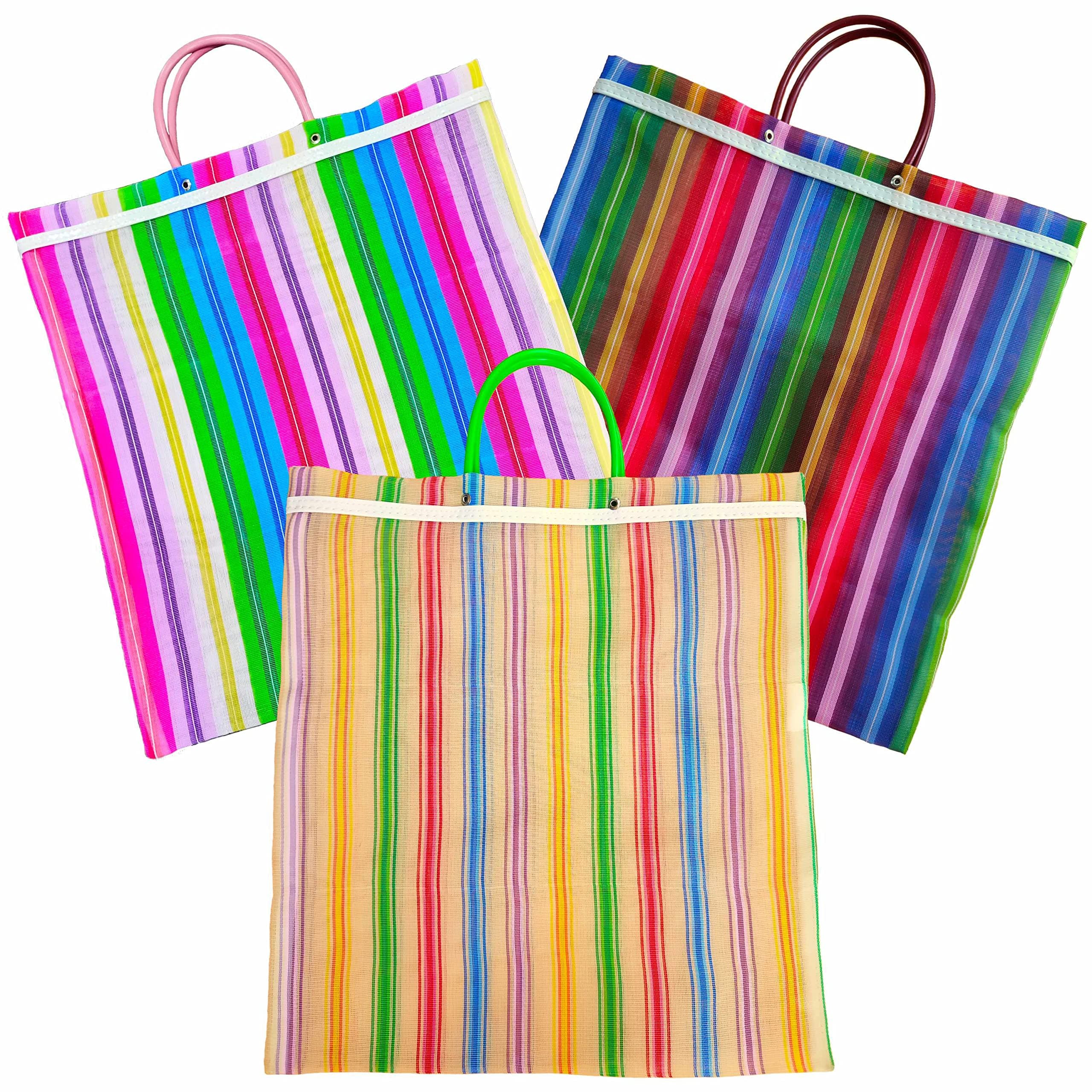 MEXICANDOOPack Set of 3 Large Mexican Mercado Tote Bags (Bolsas de Mercado/Bolsa Mandado) Mexican Market Bag in Assorted Colors Ecofriendly Reusable Grocery Shopping Bags, Colorful Net Mesh Market Bags