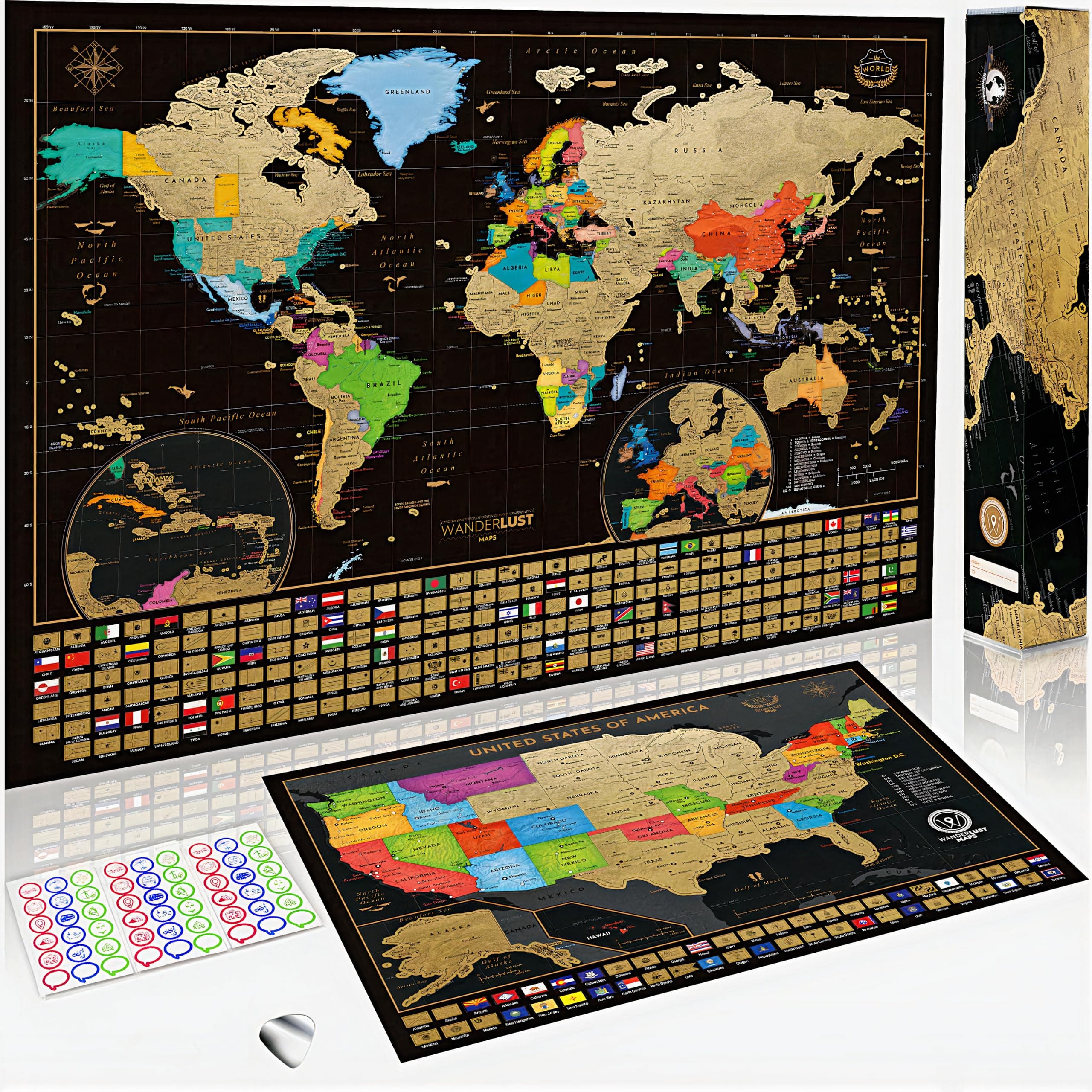Two Scratch-Off Maps: World Map 17x24" + USA Map - Deluxe Travel Posters - Colorful Countries, US States, and Flags - Easy Scratch-Off Maps with Accessories for Travel Lovers - Name Tag Gift Box