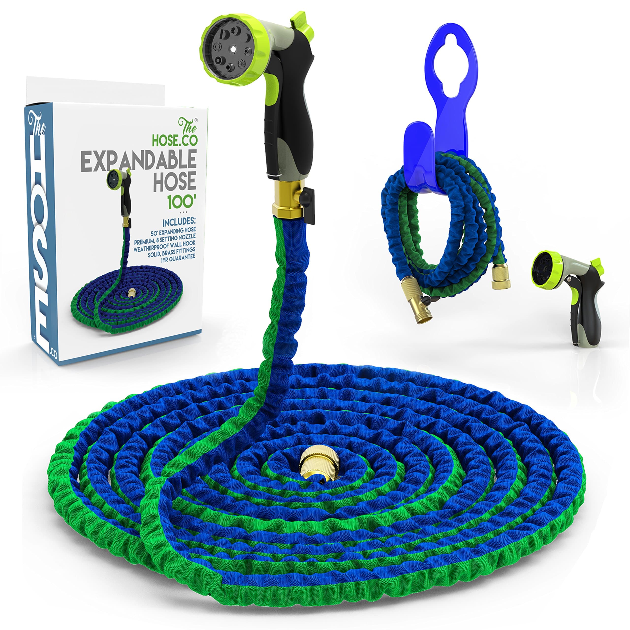 100 Ft Expandable Hose] Powerful, Portable & Proven to Last! Deluxe Expanding Garden Hose Kit: Green and Blue Double Latex KinkProof Hose, Brass Fittings, 8-Function Nozzle & Bonus Wall Hook