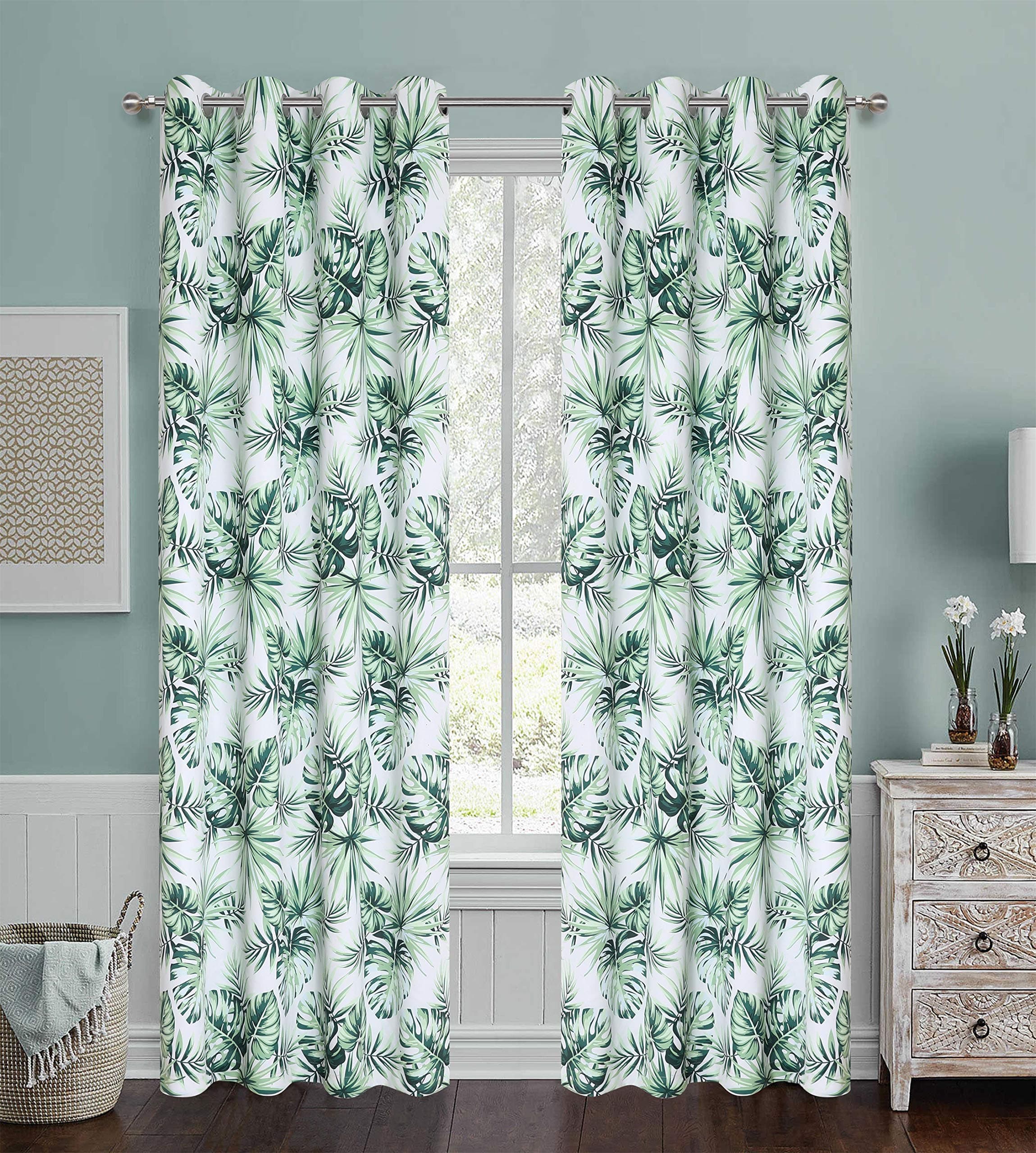 Digital Print Palm Leaf Design Amazing Exotic Tropical Leaf Panels for Bedroom Botanic Summer Heavy Blackout Curtain with Energy Efficient for Living Room Eyelet / Rings 2 Pieces 84 inch Length Green