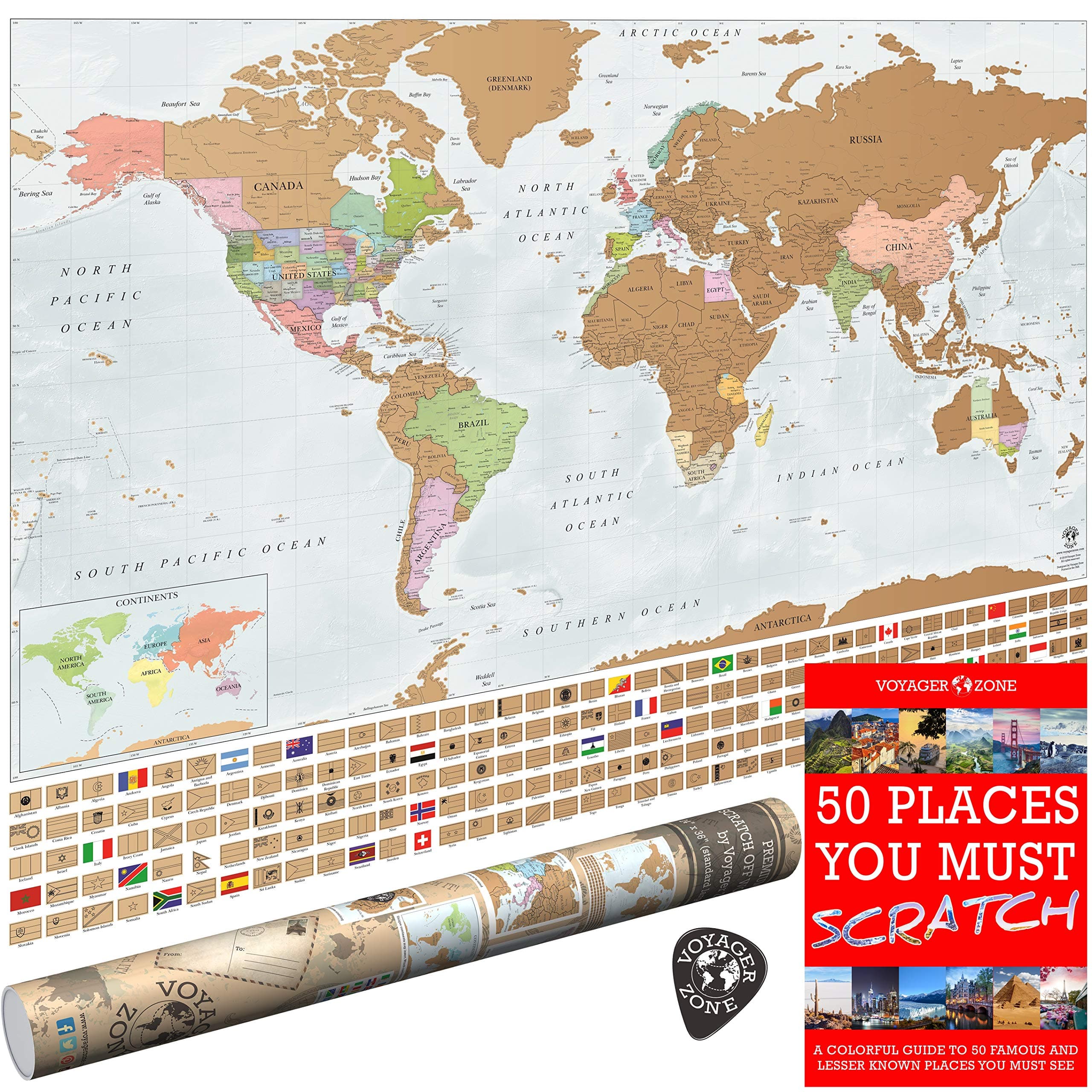Scratch Off World Map by Voyager Zone - Made in USA - 24x36 Extra Large Size Wall Poster - High Detail Cartography - Premium Spot On Gold Scratch Layer - Scratch-Off Tool and Travel E-Book