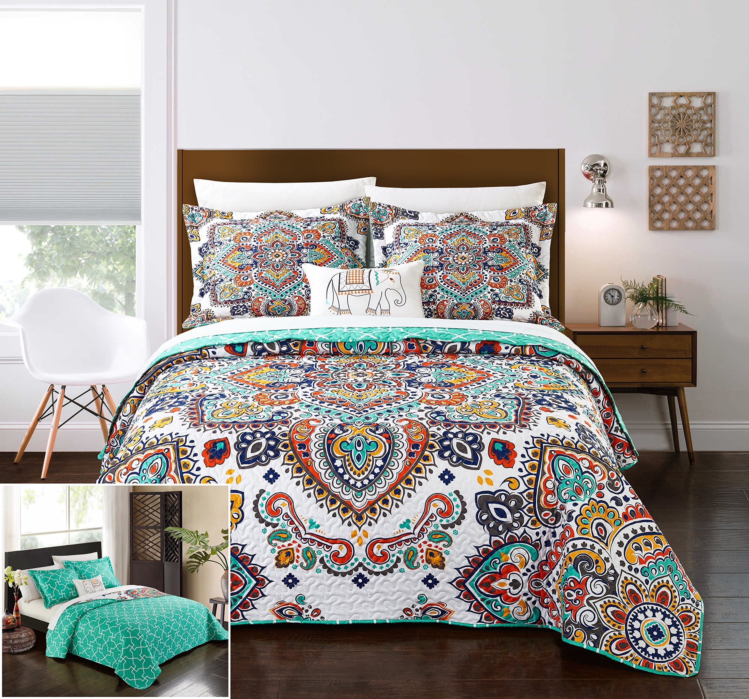 Chic Home 4 Piece Daliah Reversible Boho-Inspired Print and Contemporary Geometric Patterned Technique King Quilt Set Aqua