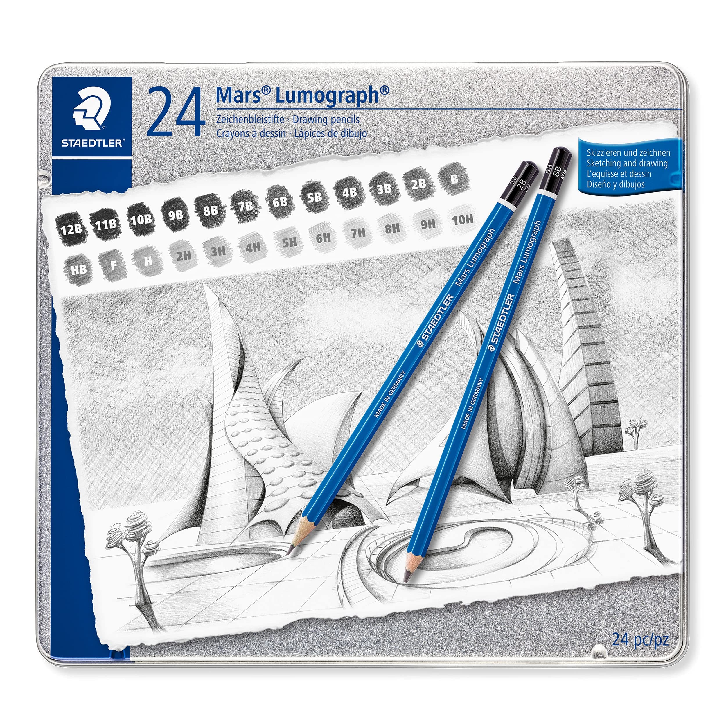 Mars Lumograph Set of 24 Drawing Graphite Pencils in Metal Case, Grades 12B-10H, Grey