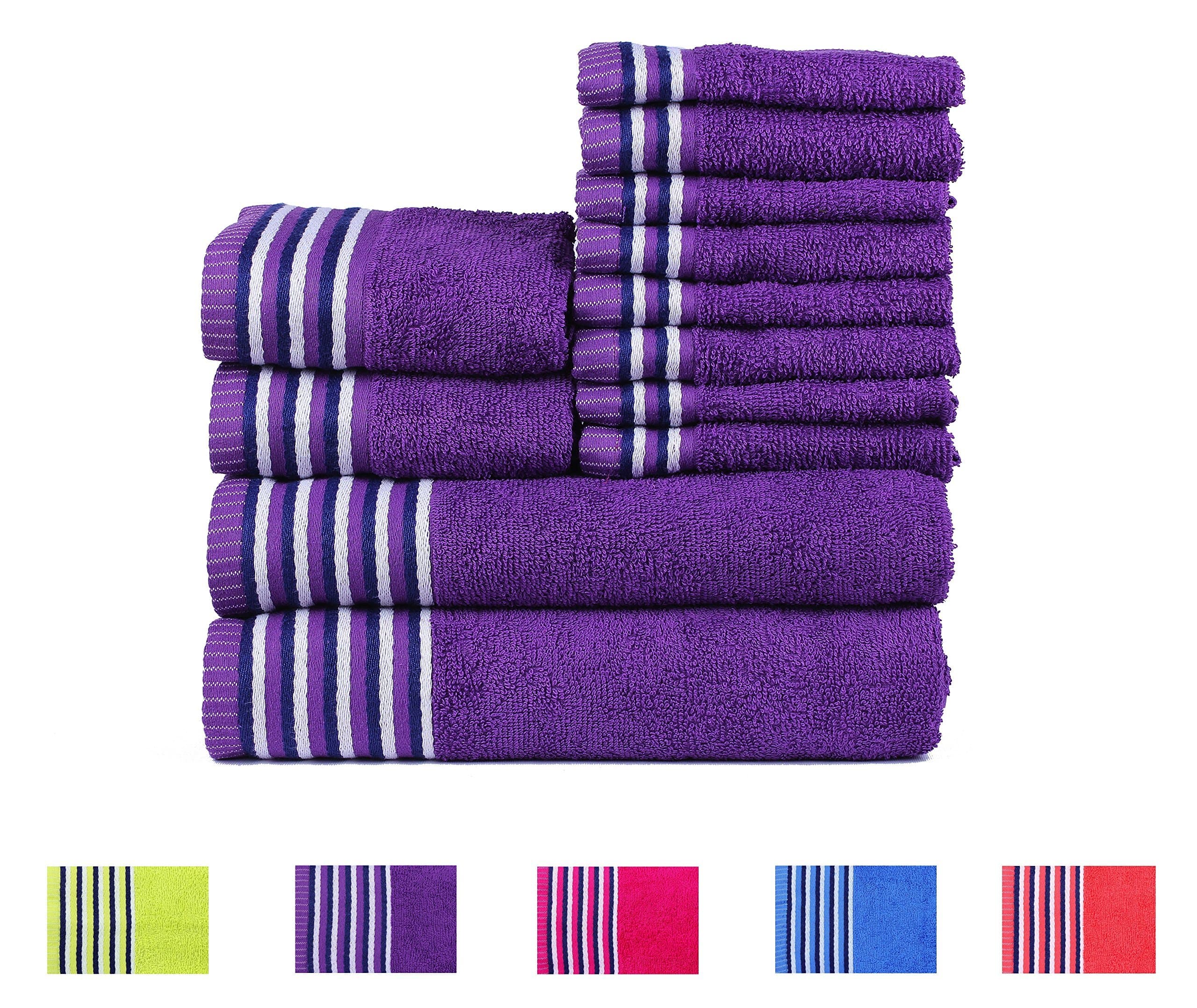 TRIDENT Candy Stripes Soft and Light 100% Combed Cotton 400 GSM 12-Pieces (Bath, Hand & Wash Cloth) Towel Gift Set, Neon Purple