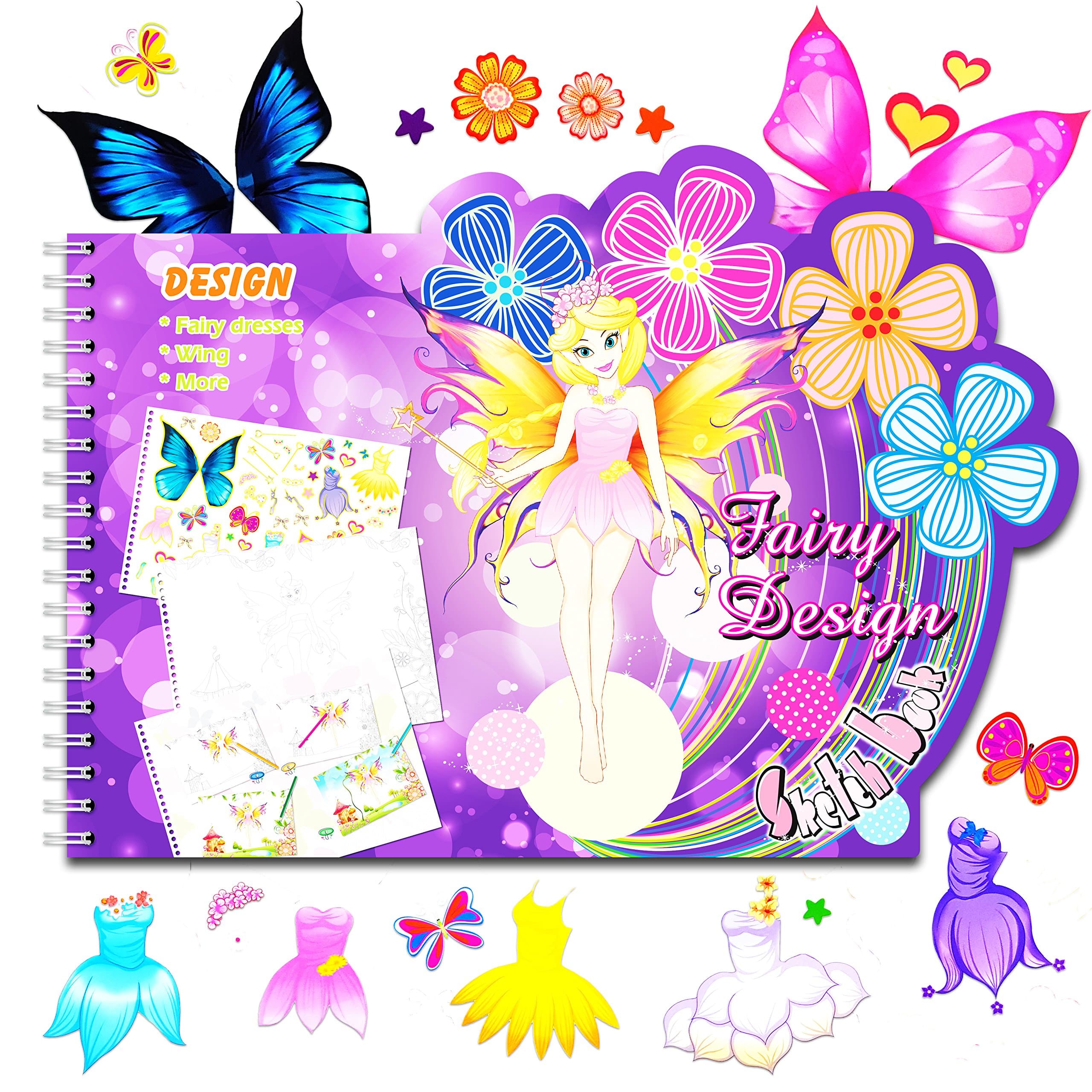 Fairy Dress Sketch Portfolio Sticker Book - Designer Sketchbook - 100+ Stencils, 36 Giant Coloring Pages, Princess Dress Costume Flowers Butterflies Stickers – Art Kit Drawing Coloring Book for Kids