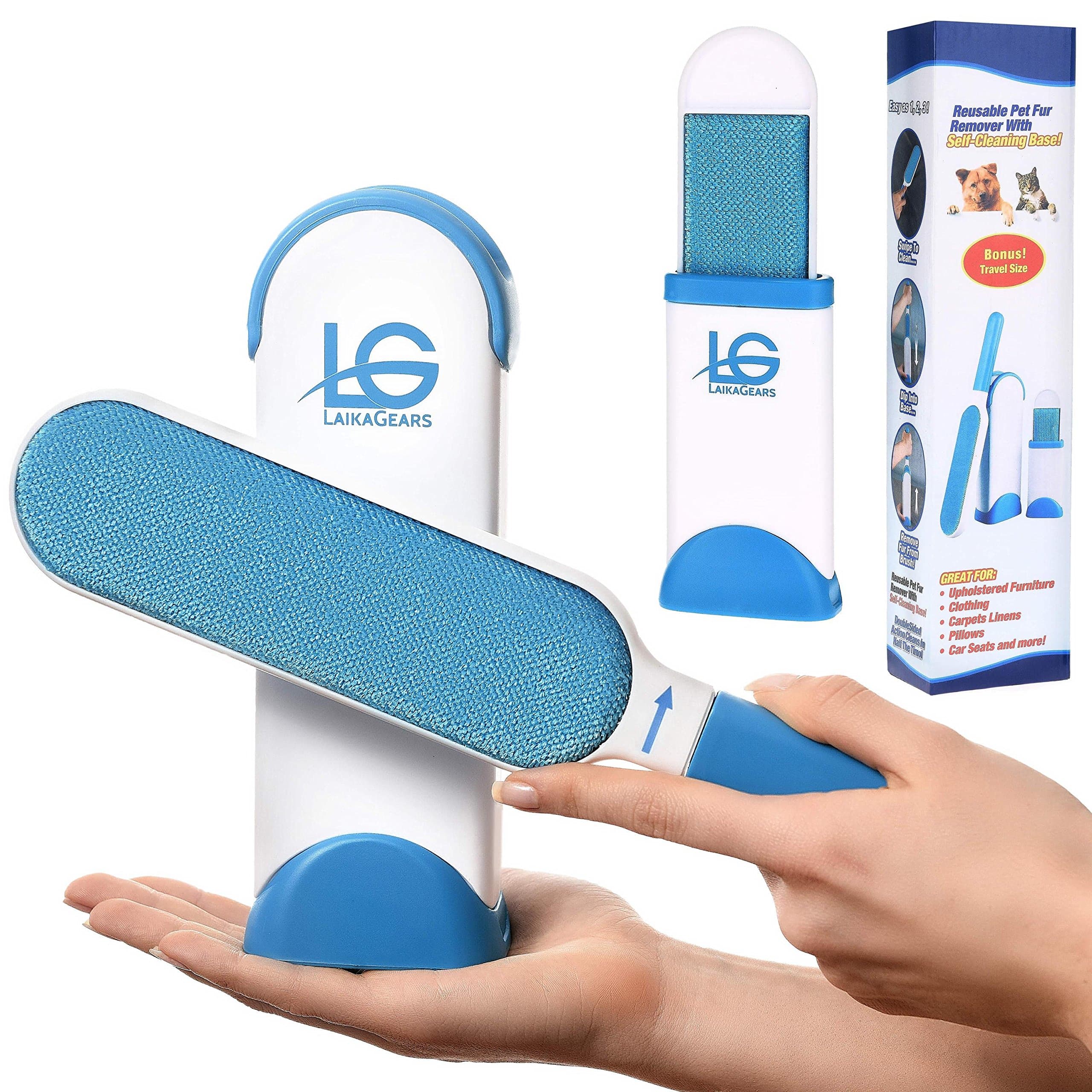 LaikaGears Pet Hair & Lint Remover Reusable Fur Removal Tool with Self-Cleaning Base - Dog & Cat Hair Removal Brush for Clothes & Furniture
