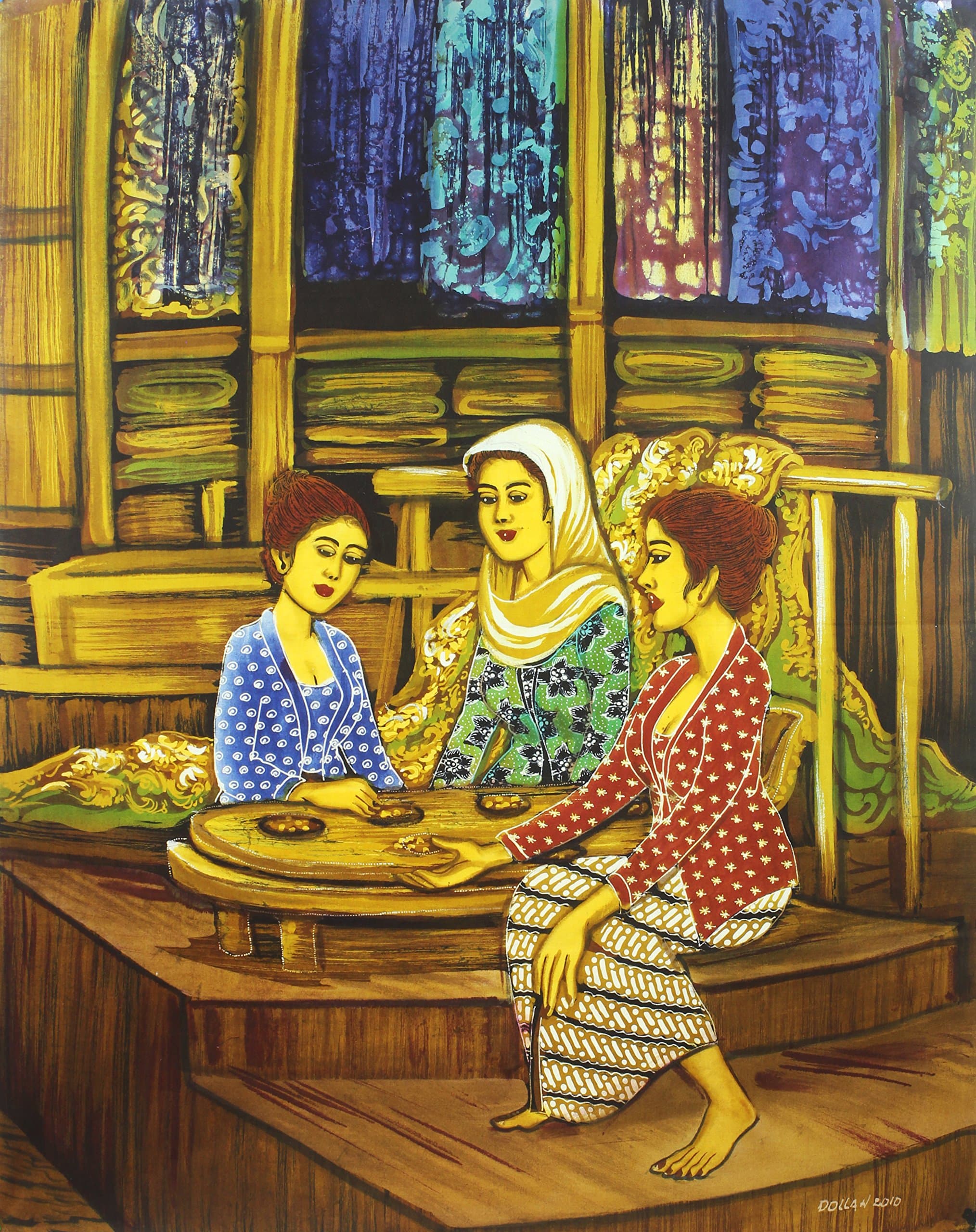 Batik Art Painting, 'Playing Congkak' By Dolah (75cm X 90cm)