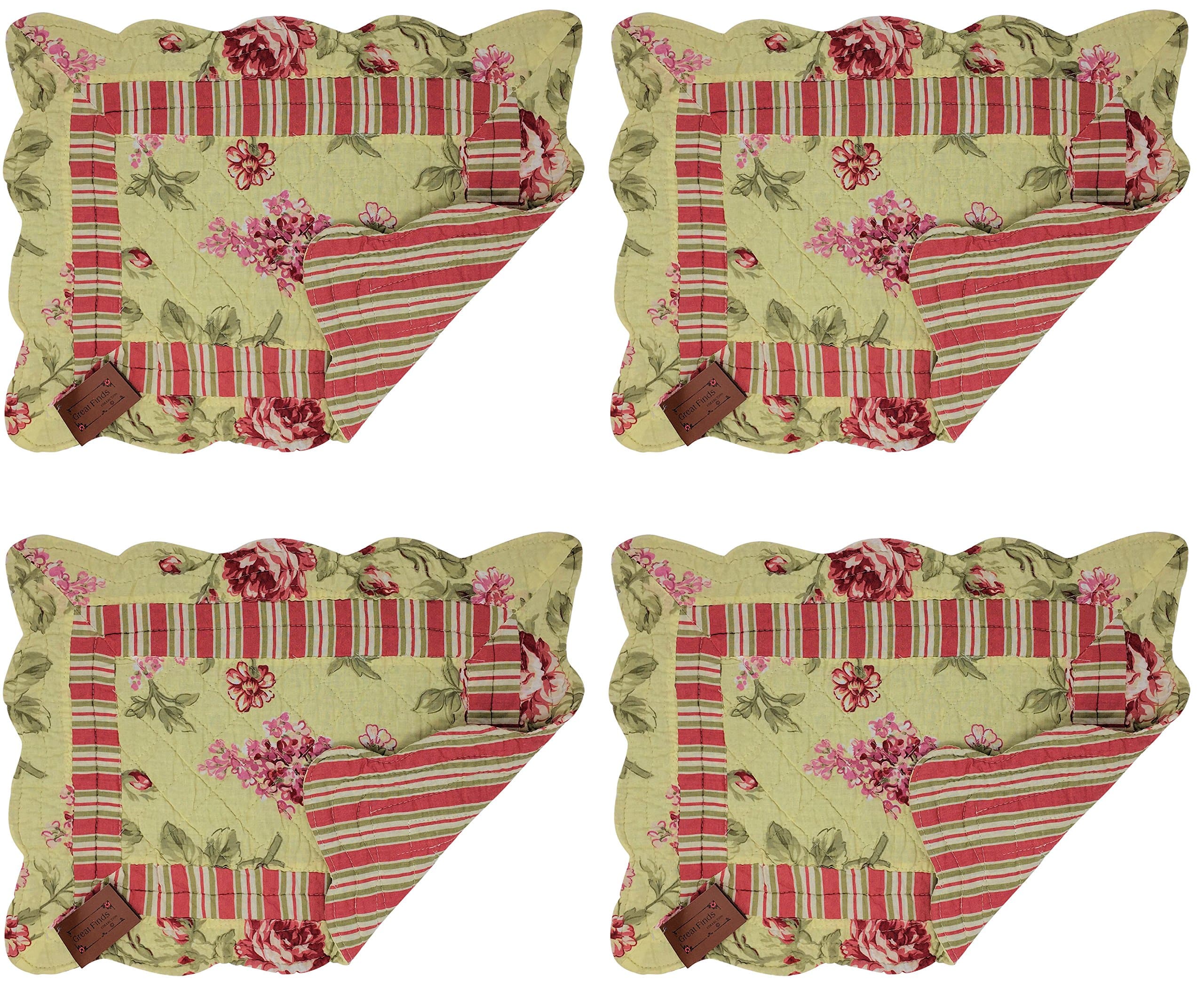 Great Finds Nita Floral Stripe Reversible Quilted Cotton Placemats 0213PM, 18x13", Set of 4, Multi