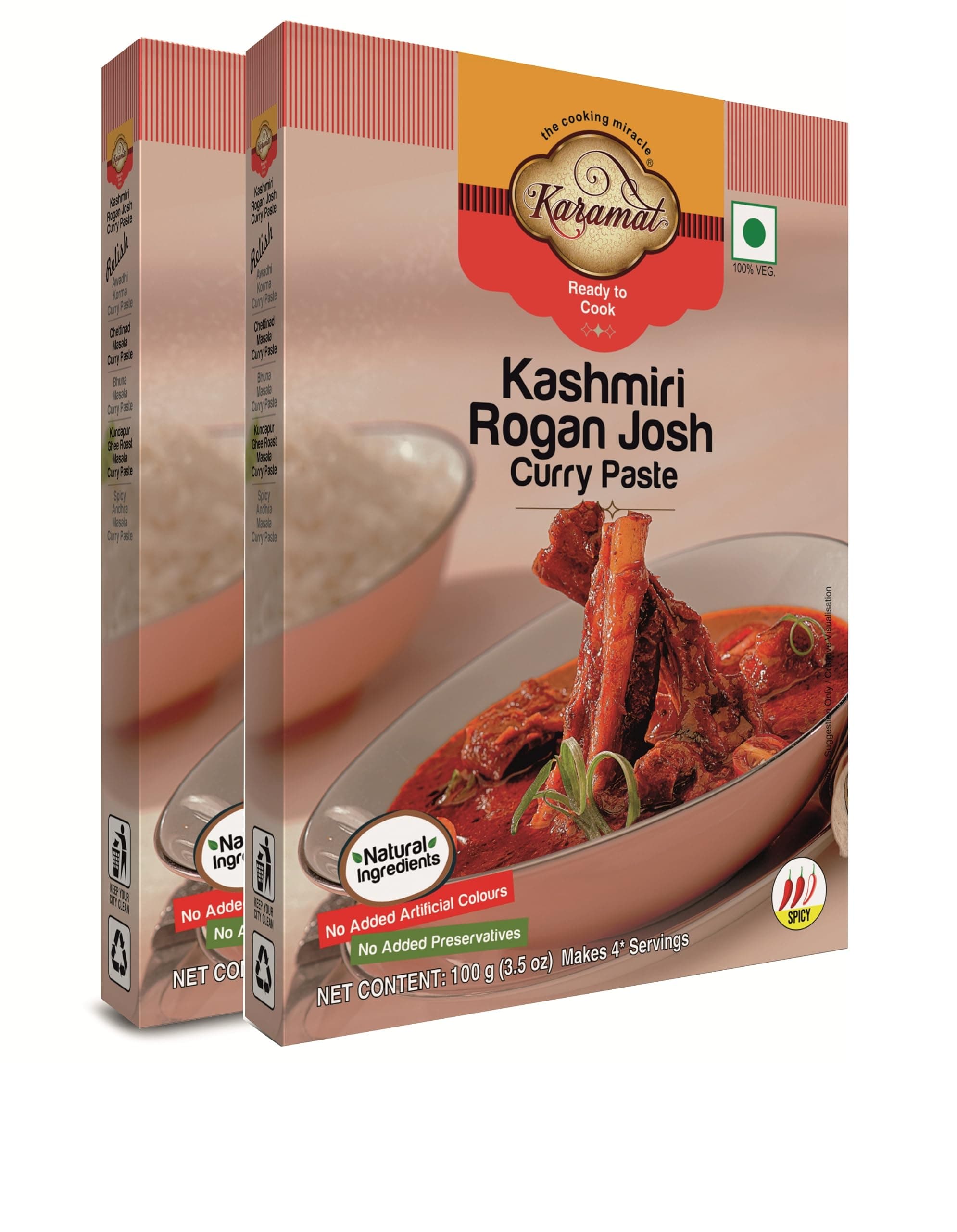 Karamat Kashmiri Rogan Josh Curry Paste Pack of 2 (100g each, Veg.), Ready to Cook, Instant Food Gravy Paste, Indian and Mughlai Delicacies