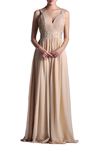 Natrual Straps Pleated Beaded V neck Chiffon Long A-line Prom Homecoming Dress - Yellow -