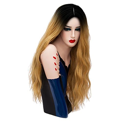 Priomix 70CM Long Wavy Curly Black Roots Ombre Synthetic Anime Cosplay Christmas Party Costumes Wigs for Women +Free Wig Cap (Ombre Flaxen Gold)