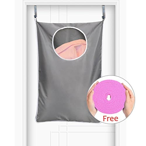 Honice Hanging Laundry Hamper Bag,Canvas Over the Door Modern Closet Organizer Hanging Clothes Basket Folding Collapsible Door Hooks with free Portable Adjustable Clothesline By (Gray)