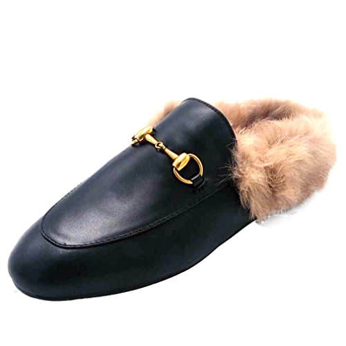 Women's Black Retro Fashion Loafers Round Toe Slip on Flat Outdoor Slippers with Furry and Buckle