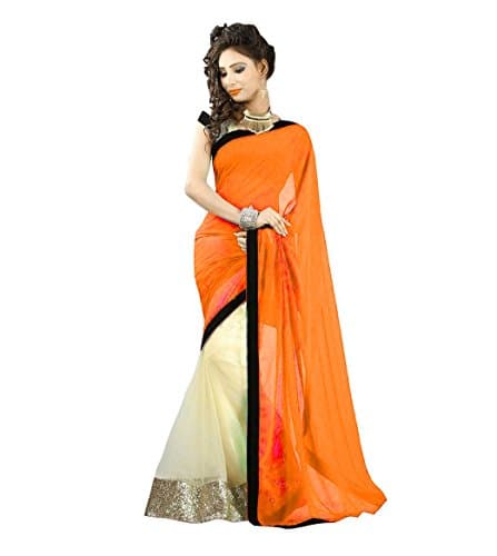 Saree For Women's Multi Color Half Georgette Net Saree With Heavy Matty Un Stitched Blouse Piece (Orange)