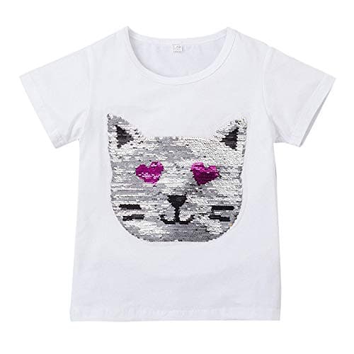 HHBB Girls Cotton Cat Face Applique Hand Swipe Sequin T-Shirt in White