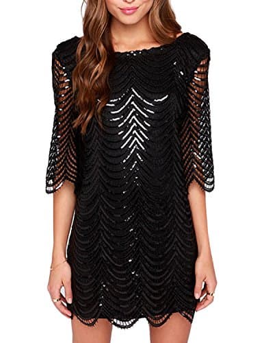 HaoDuoYi Womens Sparkle Sequin Lace Hollow Out Half Sleeves Mini 1920's Party Dress