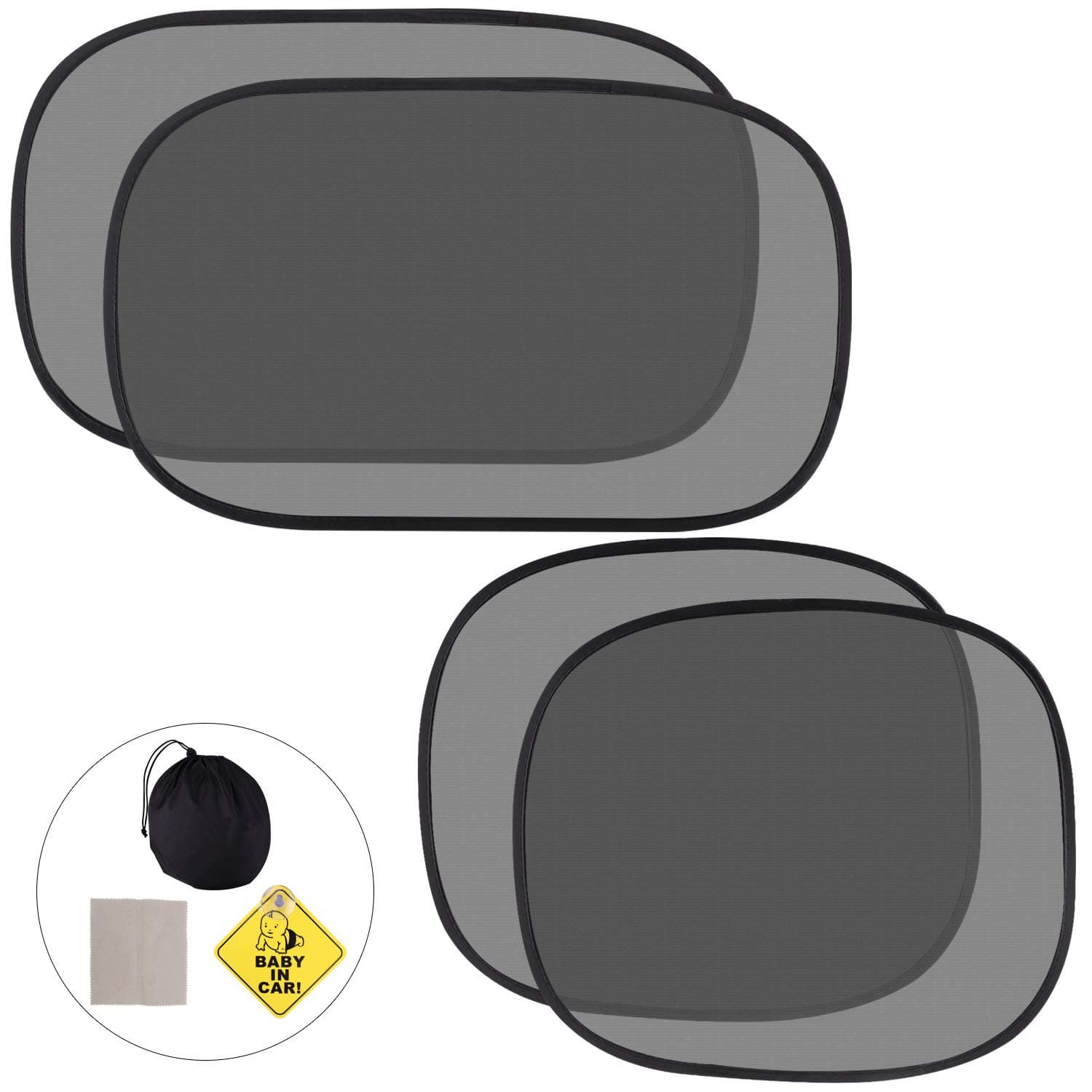 Fesoar Car Window Shade, Car Window Shades for Baby Car Sun Shades for Kids Side Window Sunshades Rear Window Sun Covers Block out Heat and Sun Rays in a Handy Pouch Black Pack of 4 (51*31cm+44*38cm)