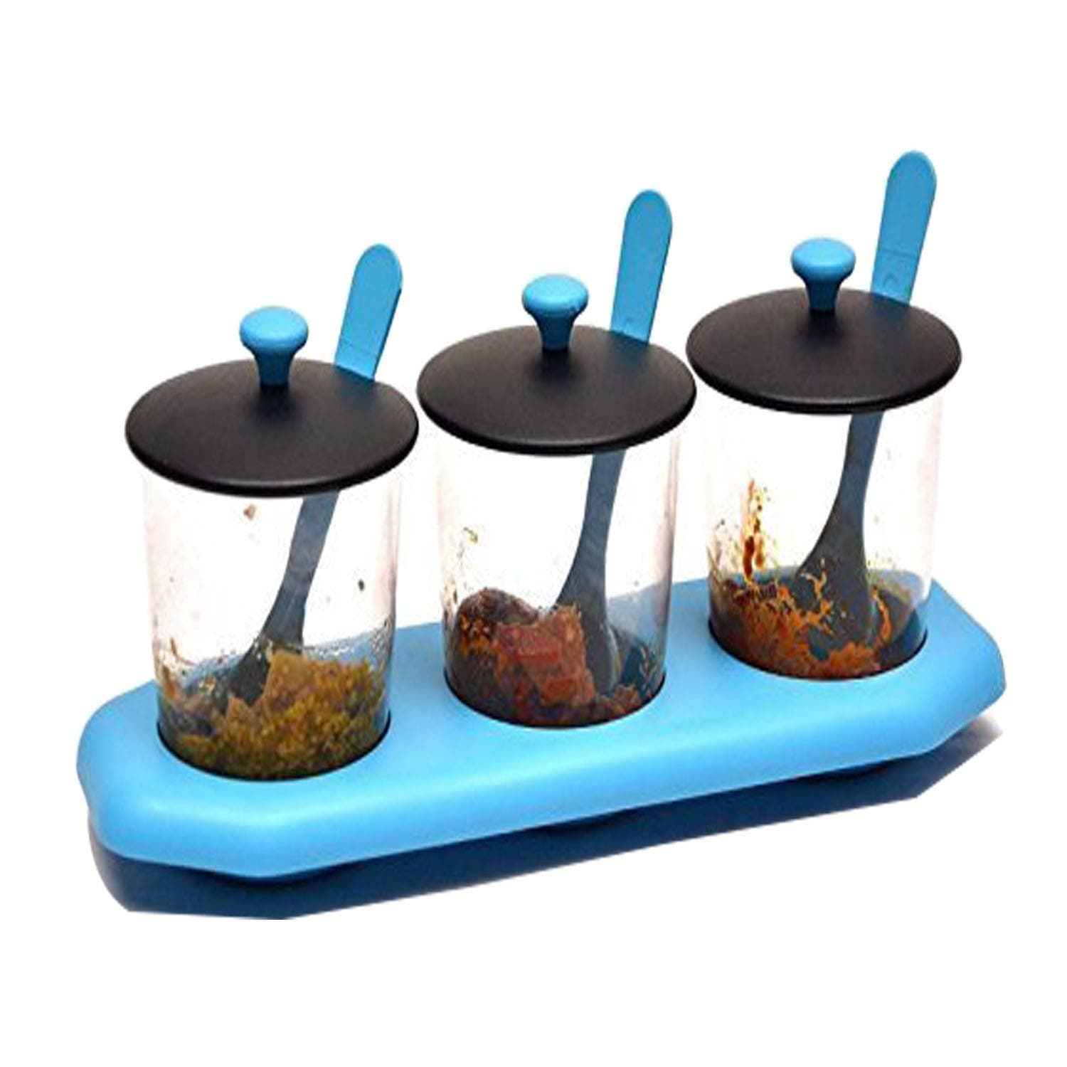 Multipurpose Spice or Storage Jar with Spoons, Revolving Pickle Jar Dining Stand, Container Set of 3 Jars With Lids, Spoons And Tray Holder Chutneys/Pickles/Spices Jar Archer Set (Multi Colour)