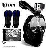 Full Face Snorkel Mask and Fins | Easy Breathe Mask with 180 Degree Panoramic View | Complete Snorkel Set includes Anti-Fog Diving Mask and Adjustable Diving Fins in Mesh Drawstring Bag